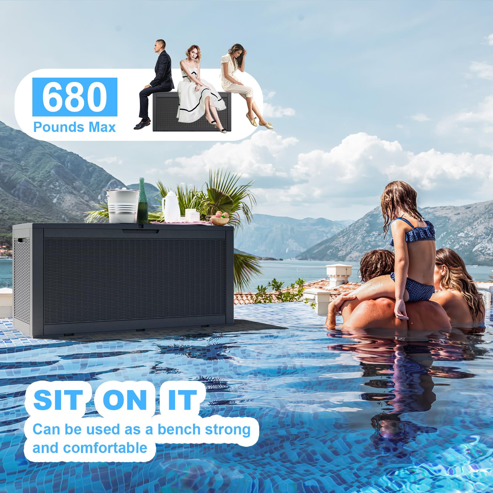 Vixzen 100 Gallon Resin Deck Box - Lockable Outdoor Storage Container for Patio Cushions, Garden Tools & Pool Supplies | Weatherproof & UV Resistant Deck Storage Box | Perfect for Backyard, Patio & Poolside Organization (Black)