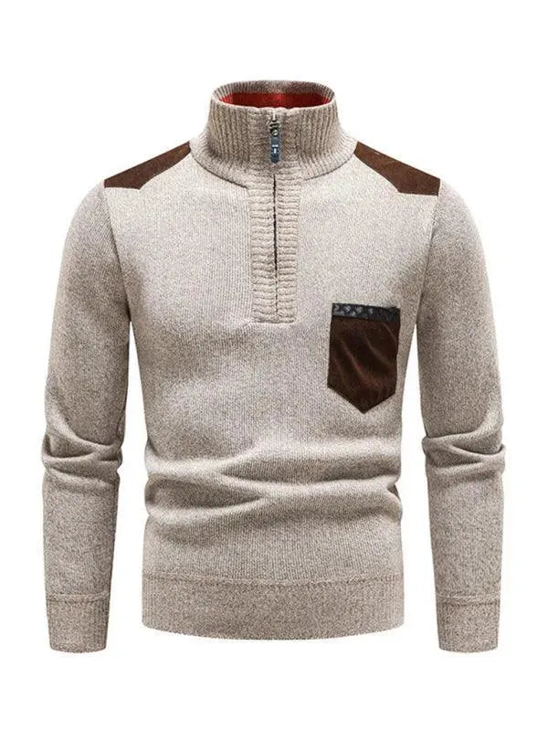 Men's Stand-Up Collar Patchwork Zipper Turtleneck Sweater - Winter Fashion for Casual & Business Wear