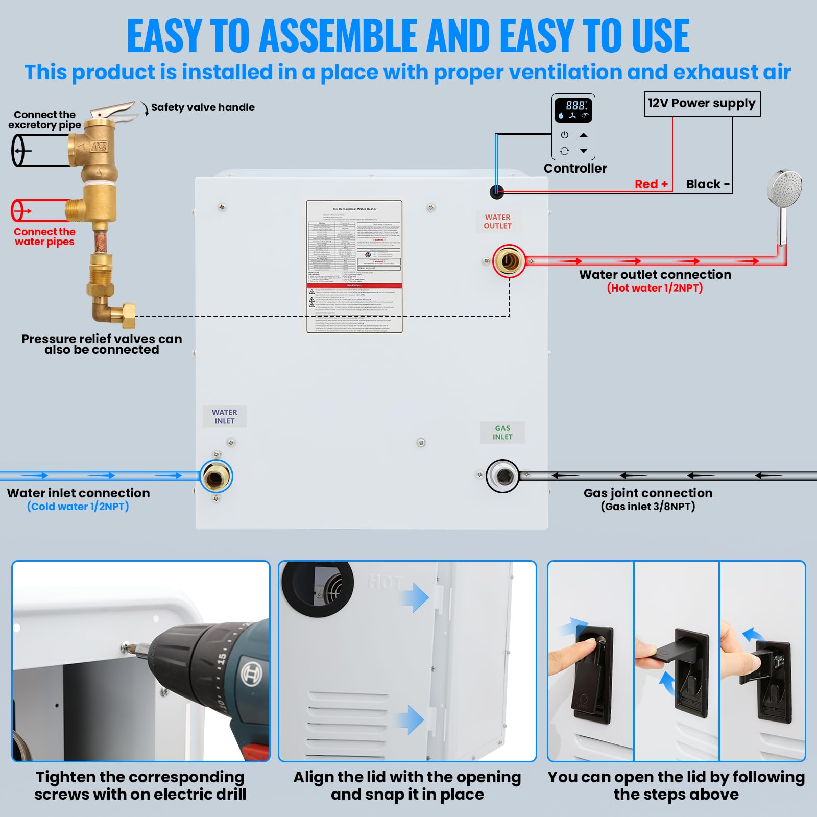 65000 BTU RV Tankless Water Heater - 3.9 GPM High Efficiency Propane Instant Hot Water System with DC 12V Power & Multi-Protection | Perfect for RV Showers, Kitchen Use & Outdoor Camping