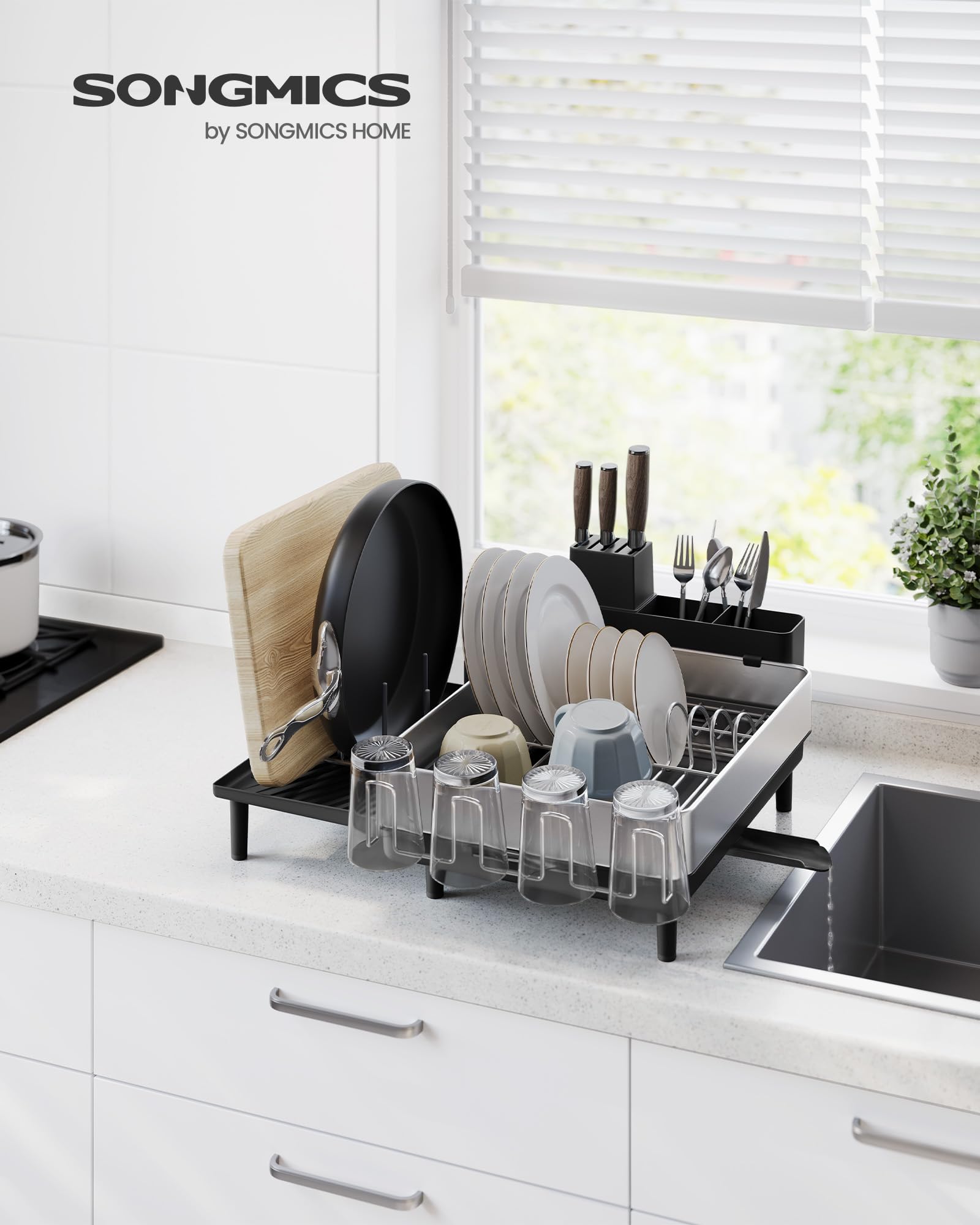 SONGMICS Expandable Stainless Steel Dish Drying Rack for Kitchen Counter - Rotatable Spout, Utensil & Cup Holders - Silver & Black (UKCS037B01) | Space-Saving Dish Organizer for Small Kitchens, Perfect for Drying Plates, Glasses, Cutting Boards & Pans