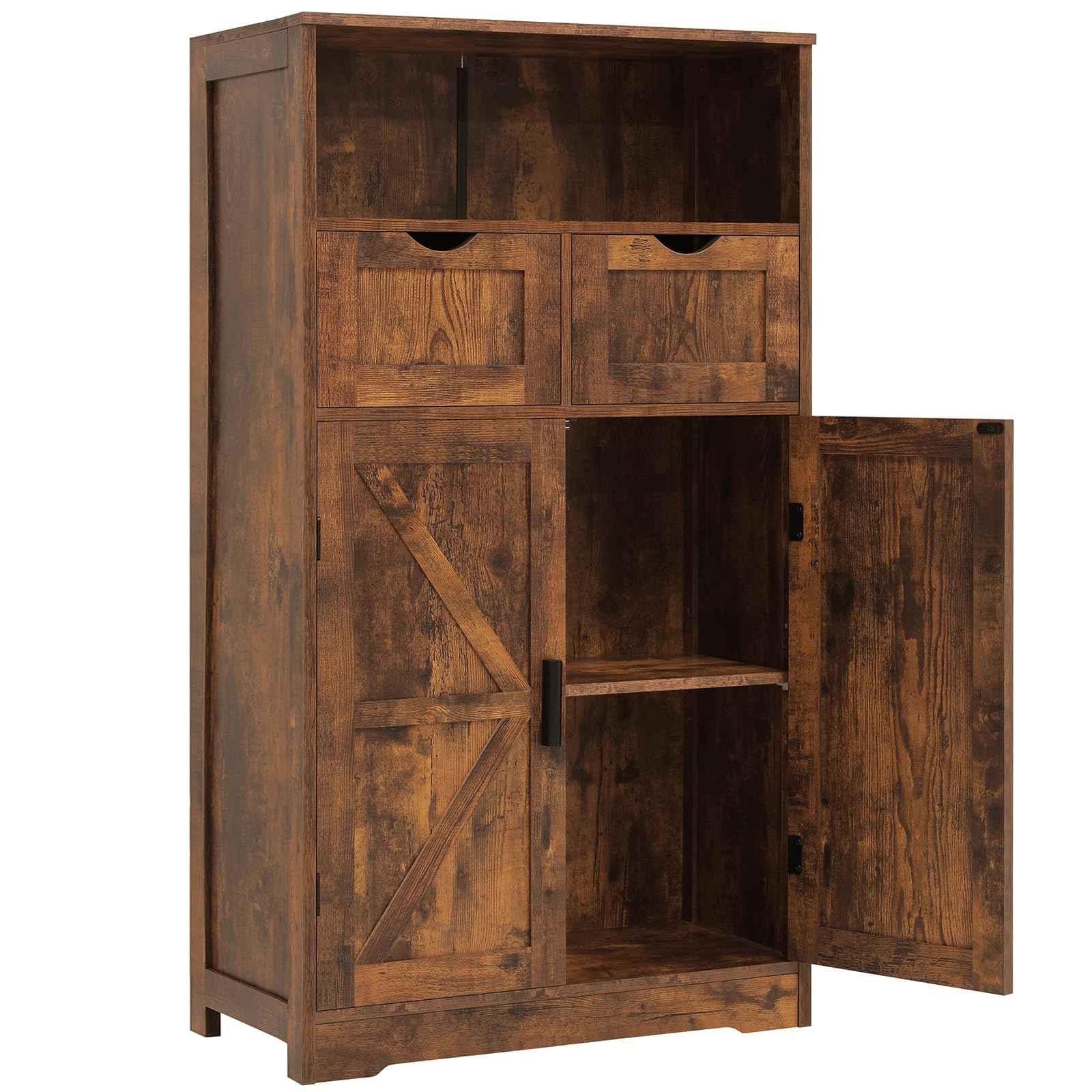 WEENFON Farmhouse Storage Cabinet - Rustic Brown Kitchen Pantry Organizer with 2 Adjustable Drawers & Shelves, Floor Hutch Cupboard for Living Room, Home Office & Kitchen Storage - Perfect for Small Space Organization & Farmhouse Decor