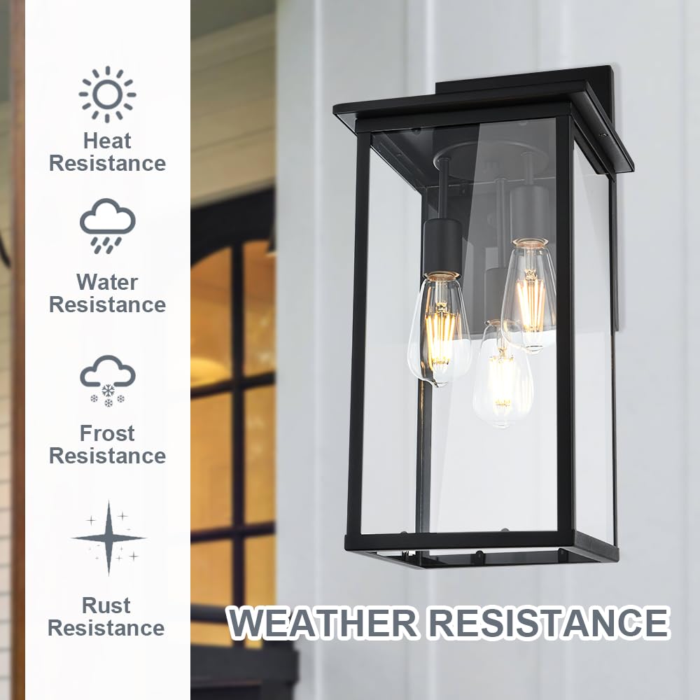 3-Lights Black Outdoor Wall Sconce Lantern with Clear Glass Shade - Waterproof Exterior Wall Mount Lighting for Porch, Garage, Hallway & Patio - Durable Weatherproof Outdoor Light Fixtures for Home & Garden