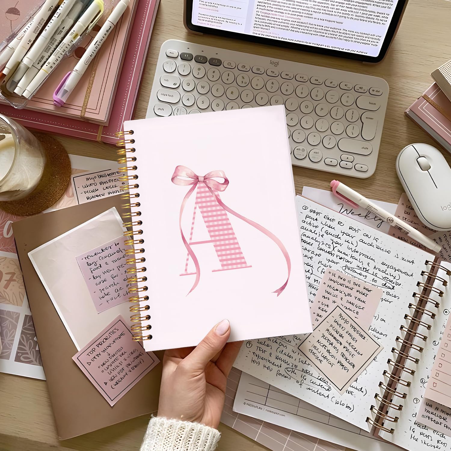 Personalized Pink Initial Letter A Notebook Journal with Coquette Bow - Custom Monogram Spiral Notebook for Women, School & Office Supplies (5.5x8.3 inches) - Perfect Birthday Gift, Study Planner & Work Organizer