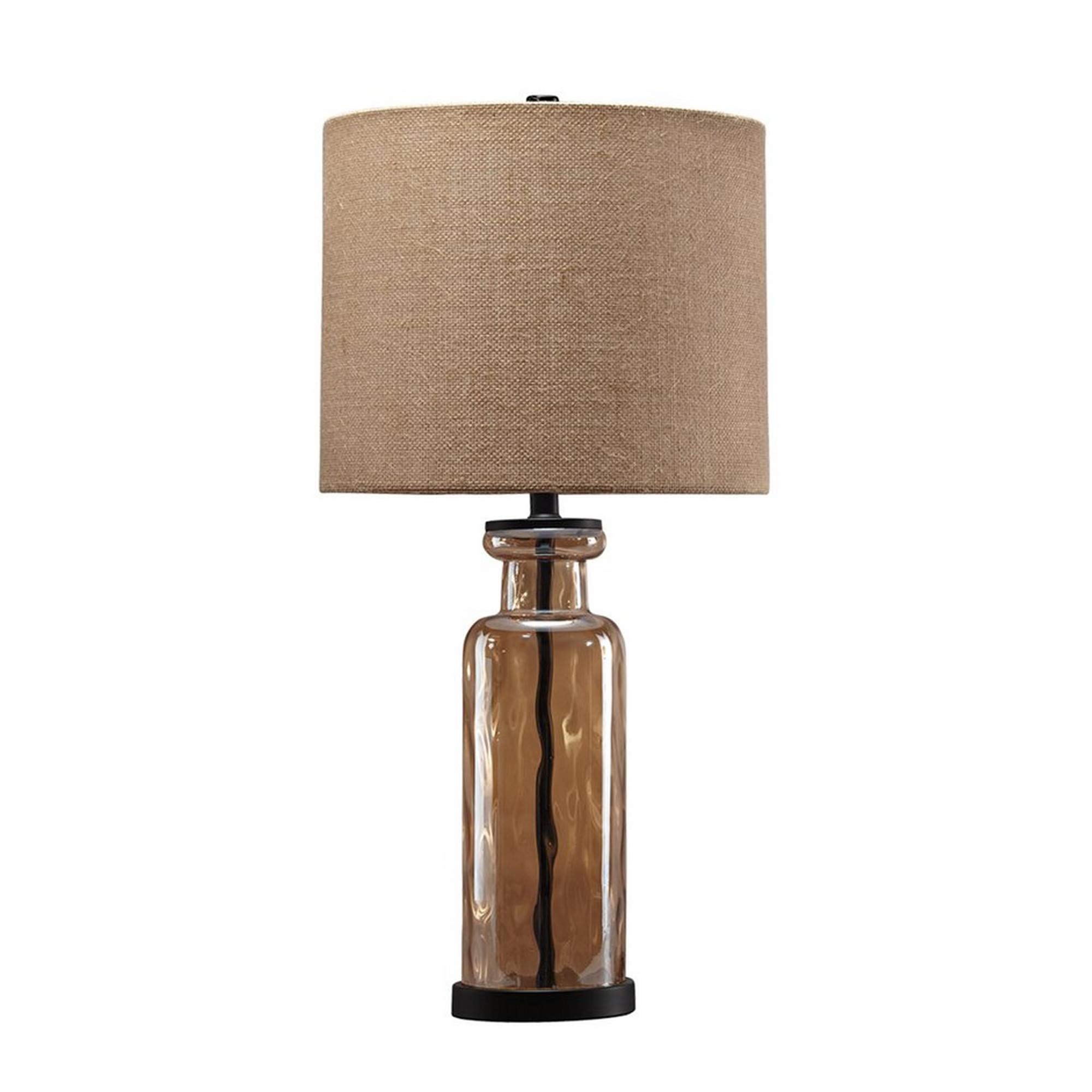 Benjara Gold Beige Fabric Drum Shade Glass Table Lamp - Elegant Living Room Bedside Lighting for Home Office Decor