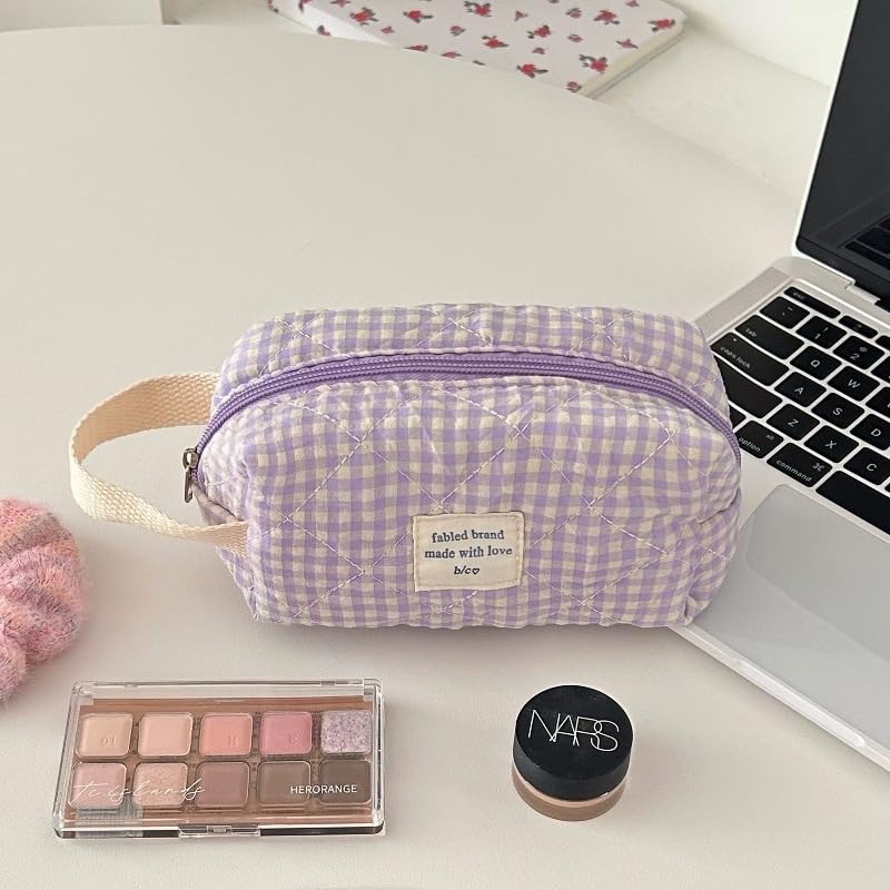 Quilted Floral Makeup Bag for Women - Large Cotton Cosmetic Organizer with Checkered Design, Travel Toiletry Bag for Girls & Women (Purple) - Perfect for Travel, Gym, and Everyday Use