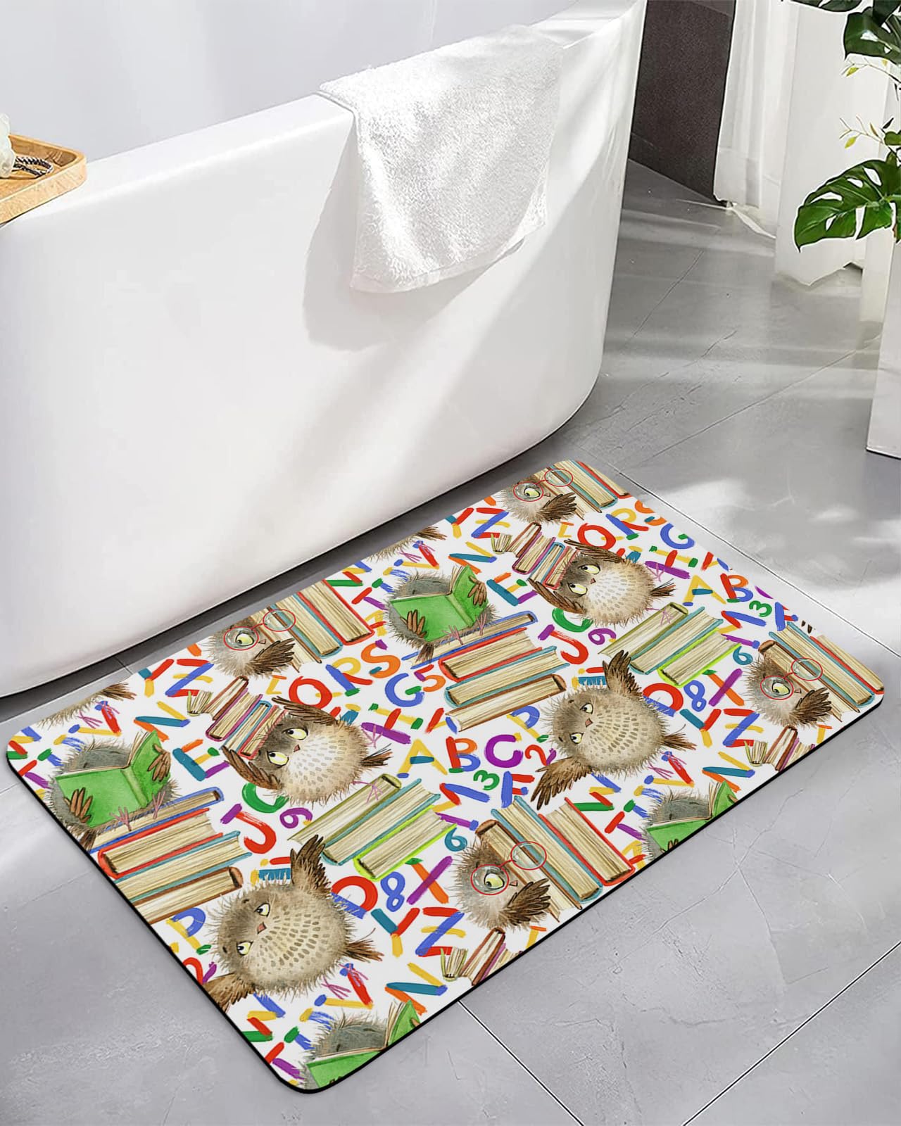 **Non-Slip Diatomaceous Earth Bath Mat - Quick Dry Cartoon Owl Design, 24x36 Inch, Absorbent Bathroom Rug for Tub, Shower & Kitchen Floor - Perfect for Back to School & Home Decor**