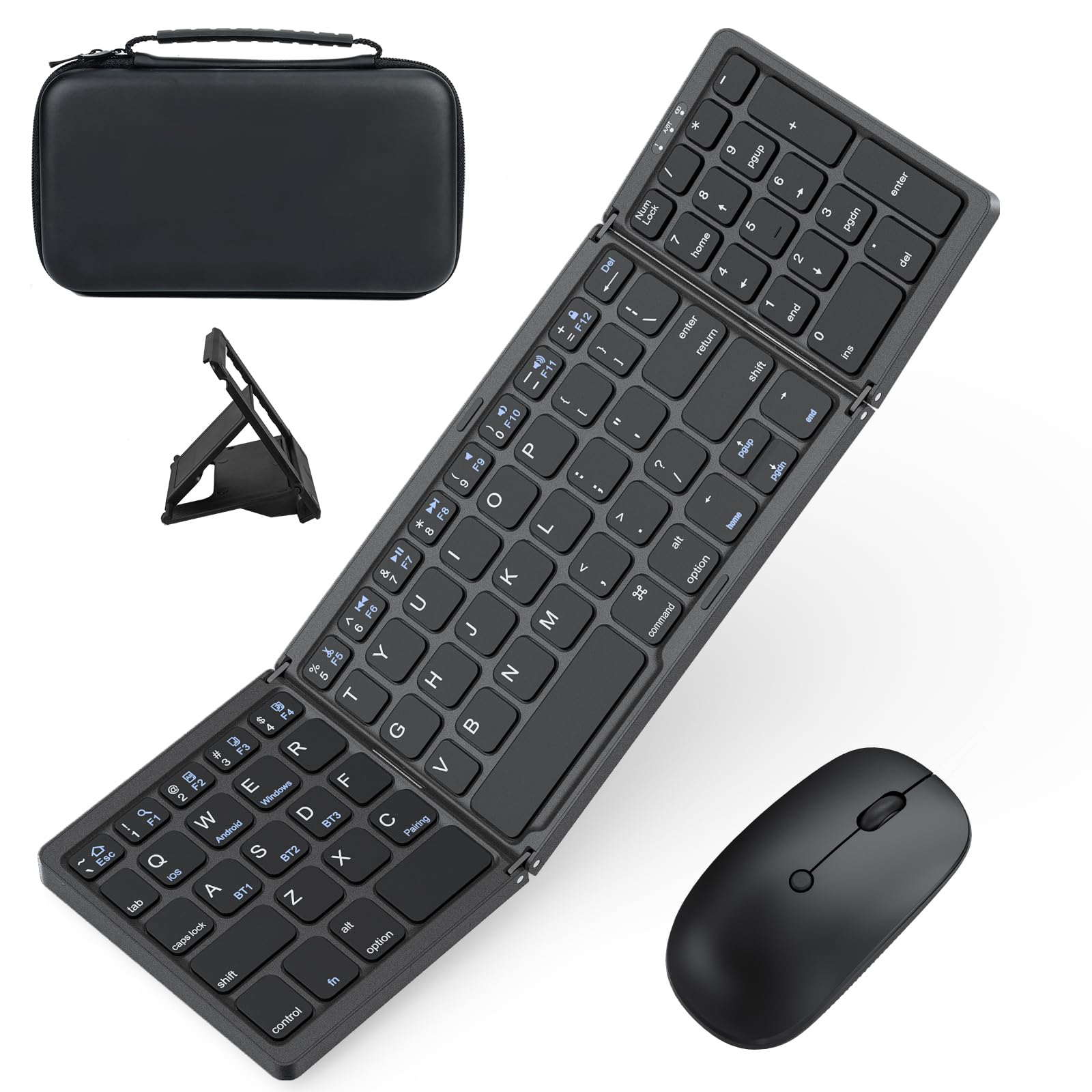 Foldable Bluetooth Keyboard and Mouse Combo - Portable Rechargeable 2.4G Wireless Keyboard with Travel Case for Laptop, iPad, Tablet (iOS/Android) - Perfect for Business Travel, Home Office & Remote Work - Black