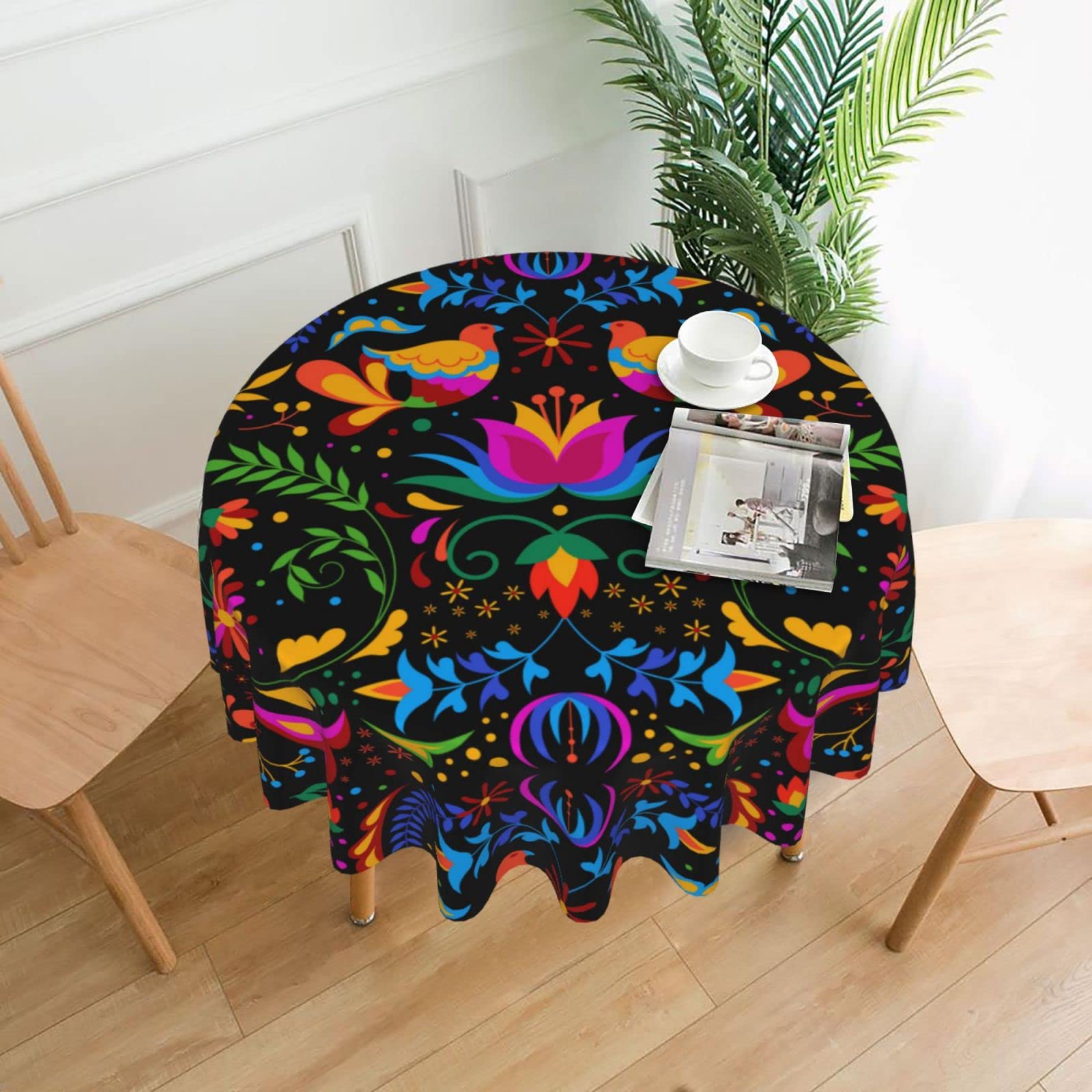 60 Inch Round Black Mexican Bird Flower Tablecloth - Spill Proof & Durable for Dinner Parties, Picnics, Camping & Mexican Themed Decor | Washable Table Cover for Indoor & Outdoor Use