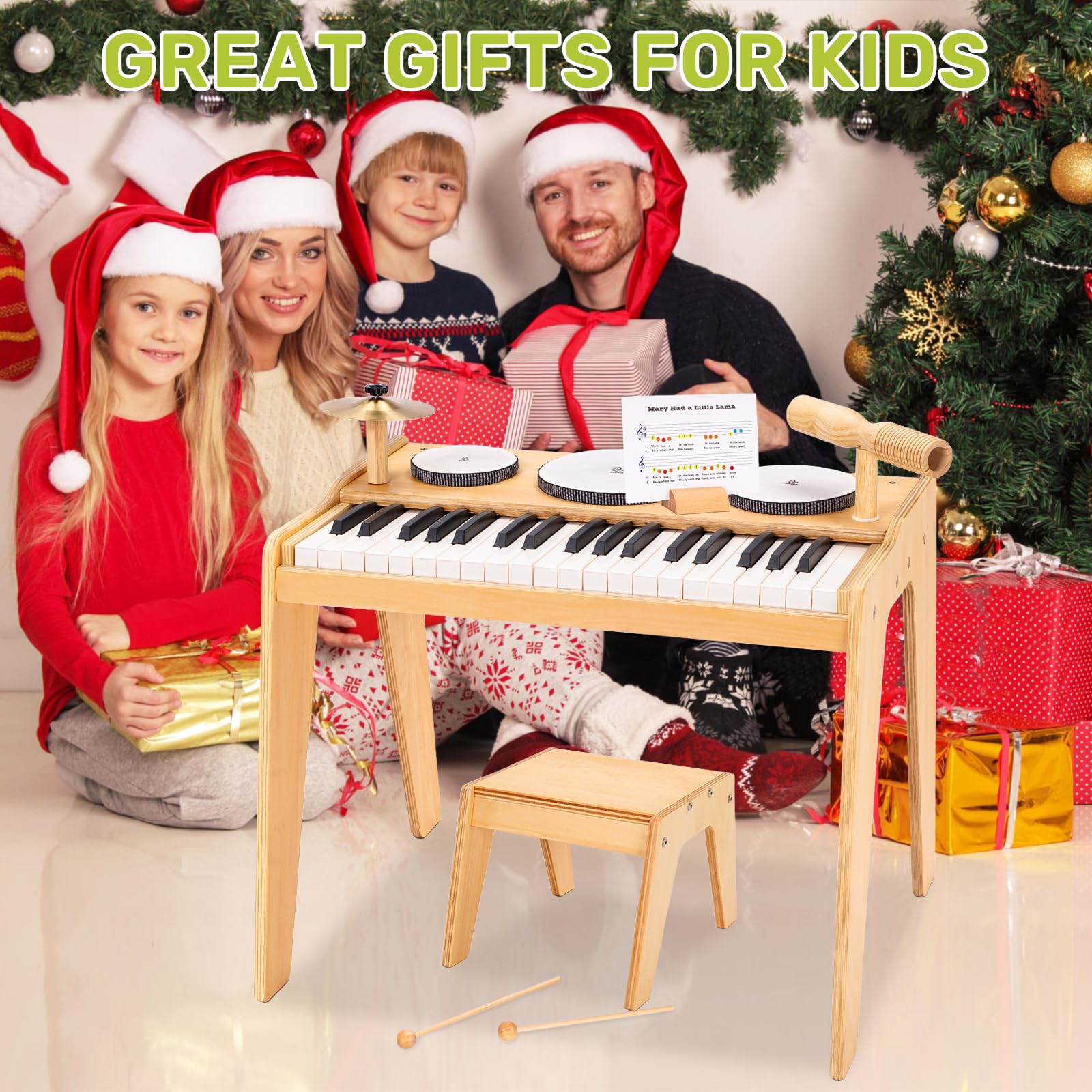 OATHX 37-Key Kids Piano Keyboard with Drum Set & Stool - Adjustable Volume, 9-in-1 Musical Toy for Toddlers & Children Ages 3+ | Wooden Mini Piano Gift for Boys & Girls | Perfect for Birthday Gifts, Early Music Education & Home Play