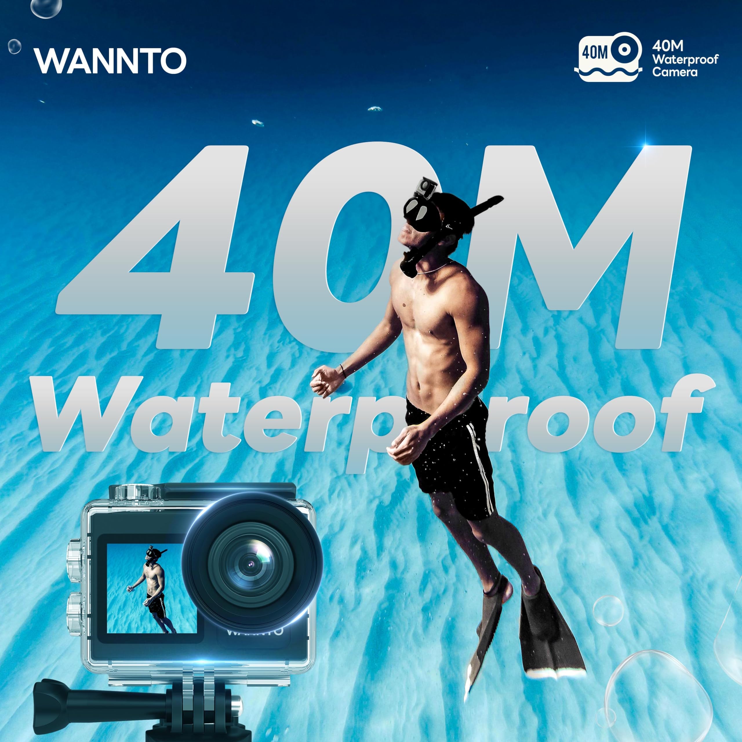 WANNTO 5K Action Camera 40M Waterproof Underwater Camera 24MP WiFi 170° Wide Angle Dual Screen EIS, Touch Screen, with External Mic, 2x1350mAh Batteries (Motion 5 Pro) - Perfect for Vlogging, Diving, Surfing & Outdoor Adventures
