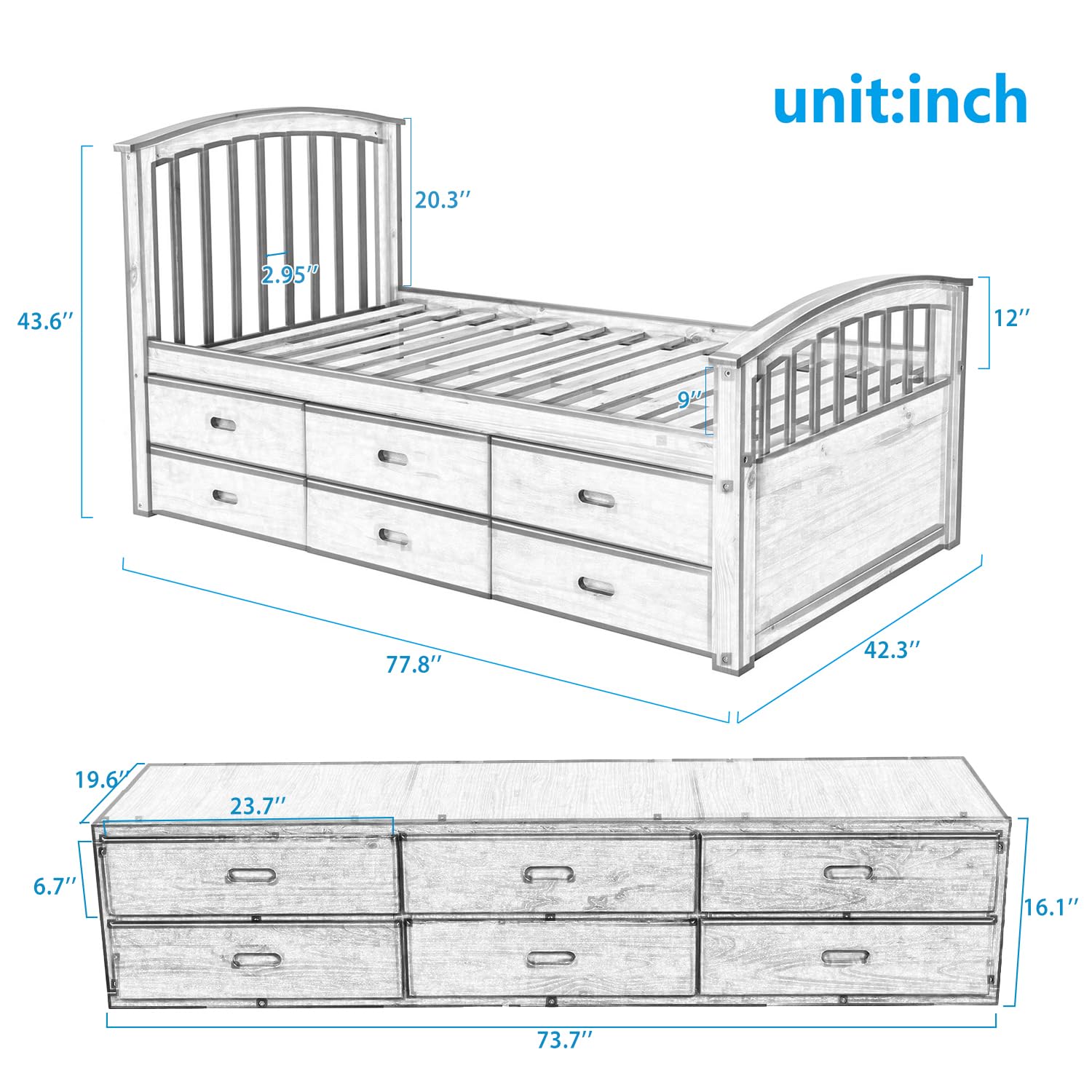 SOFTSEA Twin Size Wooden Bed Frame with 6 Storage Drawers - Platform Bed with Headboard & Footboard for Kids Bedroom - No Box Spring Needed - White - Perfect for Small Spaces & Guest Rooms