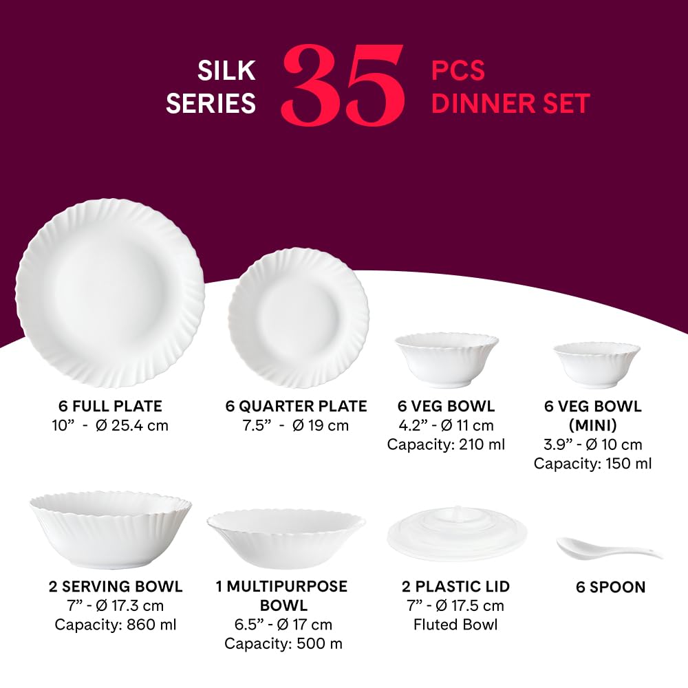 35-Piece Borosilicate Glass Dinnerware Set - Service for 6 with Stackable Plates, Bowls, Lids & Spoons - Chip & Stain Resistant, Microwave & Dishwasher Safe - White with Green Leaf Design - Perfect for Family Dinners, Parties & Everyday Use
