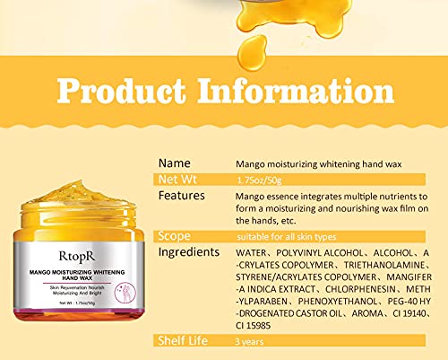 RtopR Mango Hand Mask & Wax - Whitening, Moisturizing, Repairing, Exfoliating Cream for Calluses & Anti-Aging | Perfect for Spa Nights, Dry Skin Care & At-Home Hand Treatments