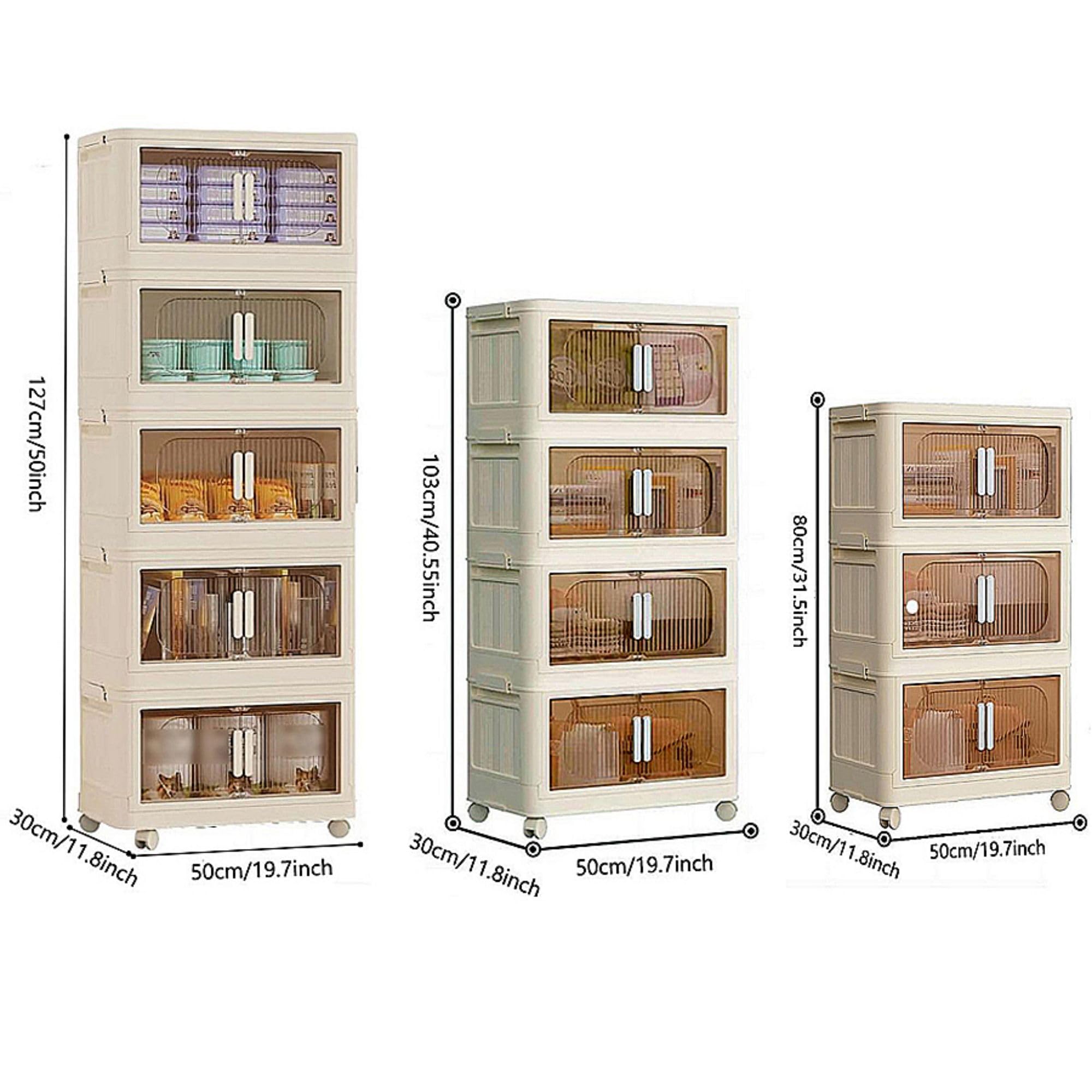 Holaki 5-Tier Stackable Storage Bins with Lids - Collapsible Closet Organizer with Wheels & Magnetic Door - White Plastic Storage Cabinet for Home, Office, and Garage Organization