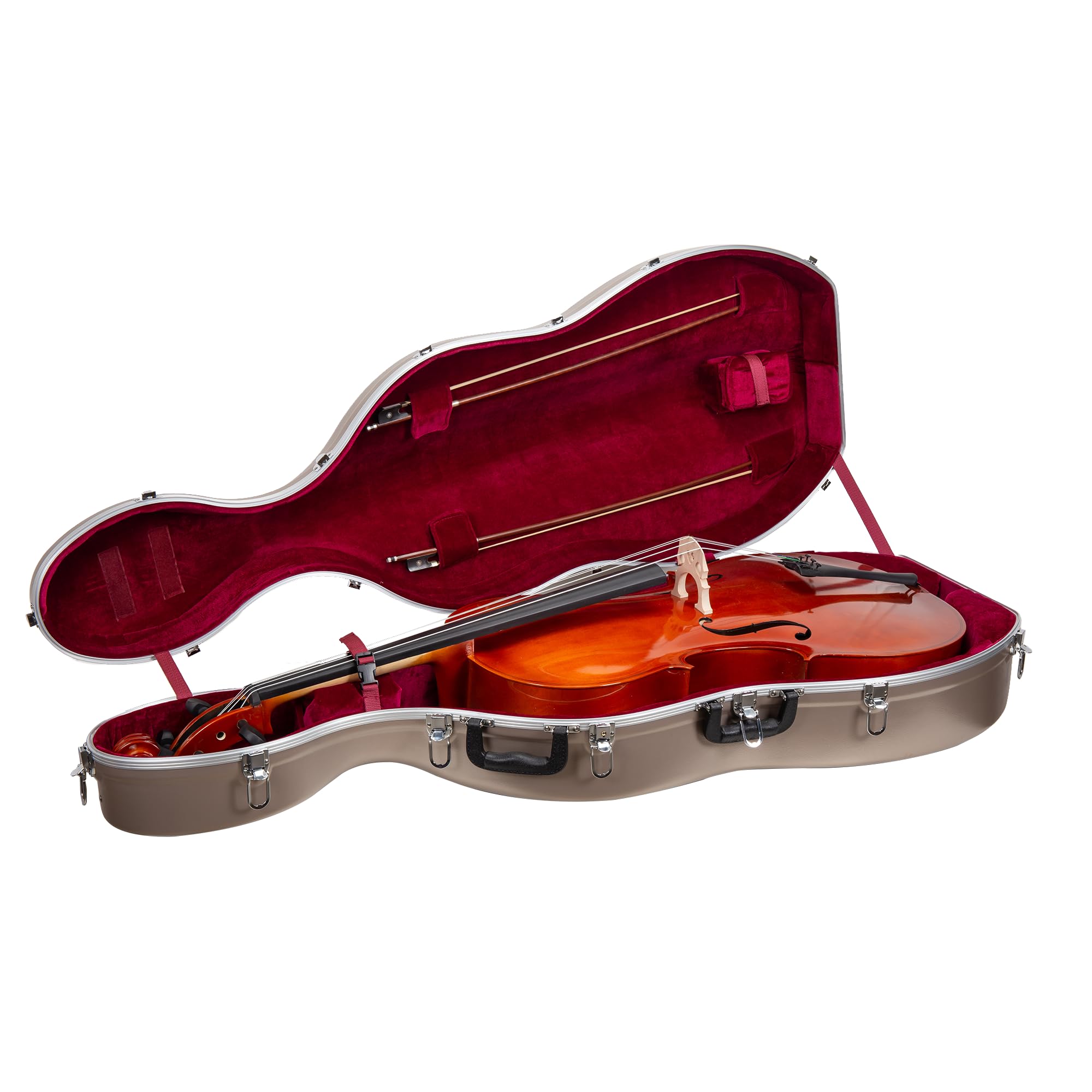 Premium Crossrock ABS Cello Case for 4/4 & 3/4 Size - Champagne Matte Finish, Wine Red Velvet Interior, Durable Molded Hardshell with Wheels, Secure Lock, Dual Bow Holders & Adjustable Backpack Straps | Perfect for Travel, Performances & School Use