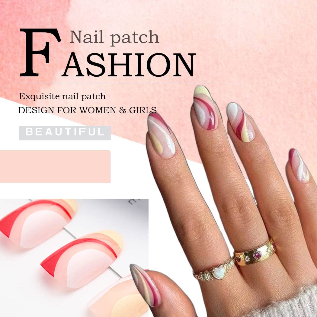 Short Almond Press on Nails - Glossy Pink Fake Nails with French Manicure Design & Abstract Swirl - 24Pcs Full Cover Stick on False Nails for Women - Perfect for Parties, Weddings & Daily Wear (Style D)