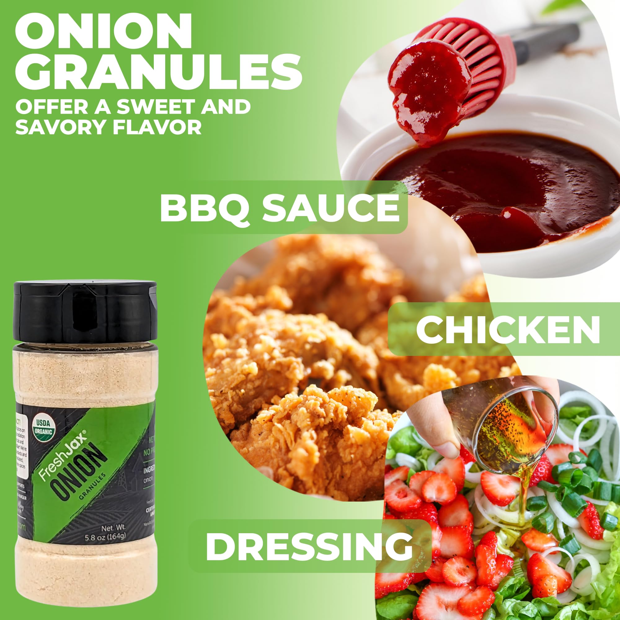 FreshJax Organic Onion Granules (5.8 oz Large Bottle) - Certified Organic, Non-GMO, Gluten-Free, Keto & Paleo Friendly, No Preservatives - Handcrafted in Florida | Perfect for Seasoning, Cooking & Meal Prep