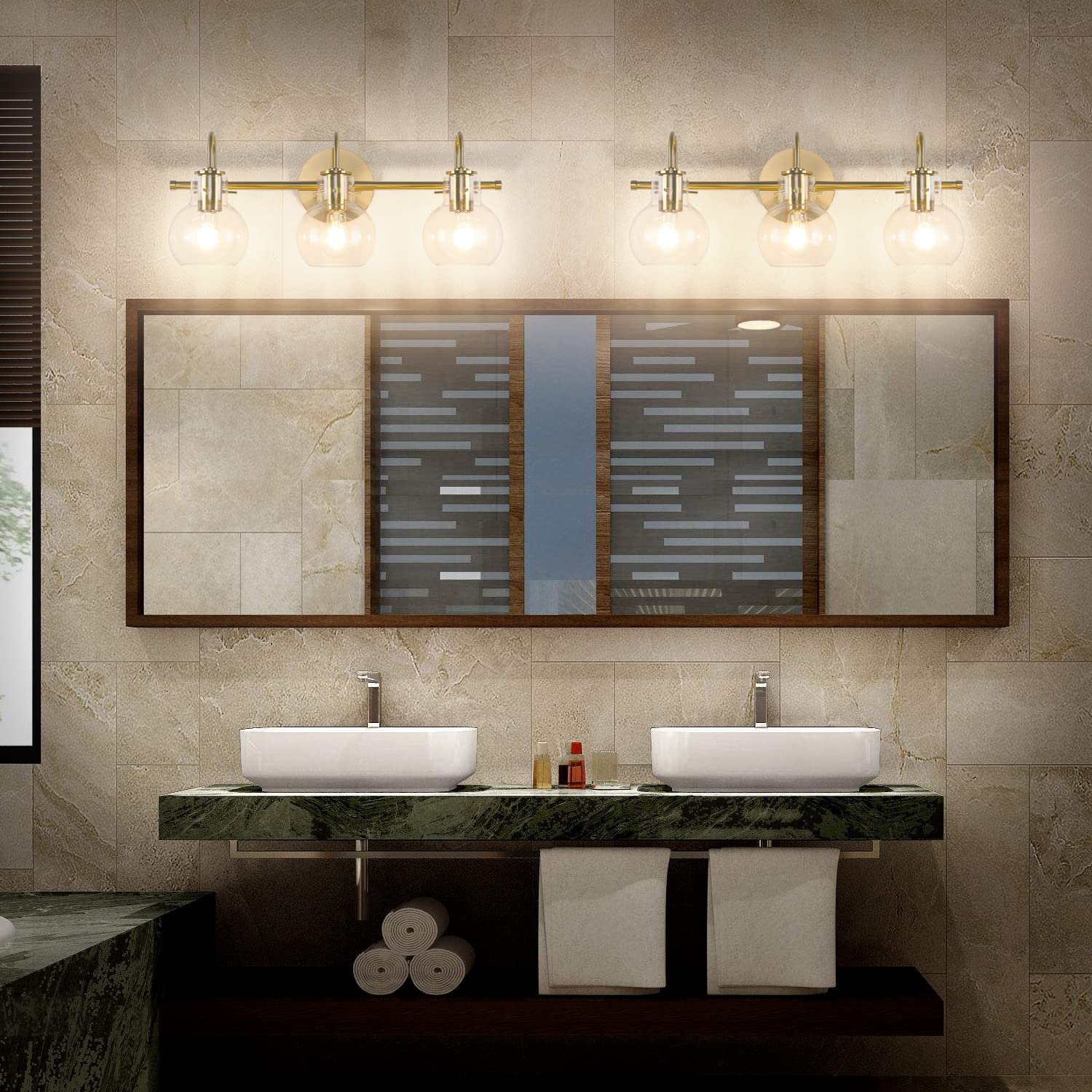 Vintage Black & Brass Bathroom Vanity Light Fixture Set - SOLFART 7600-3 Lights with V6888-3 Gold Accents (Bulbs Not Included) | Elegant Lighting for Bathroom, Powder Room & Dressing Area