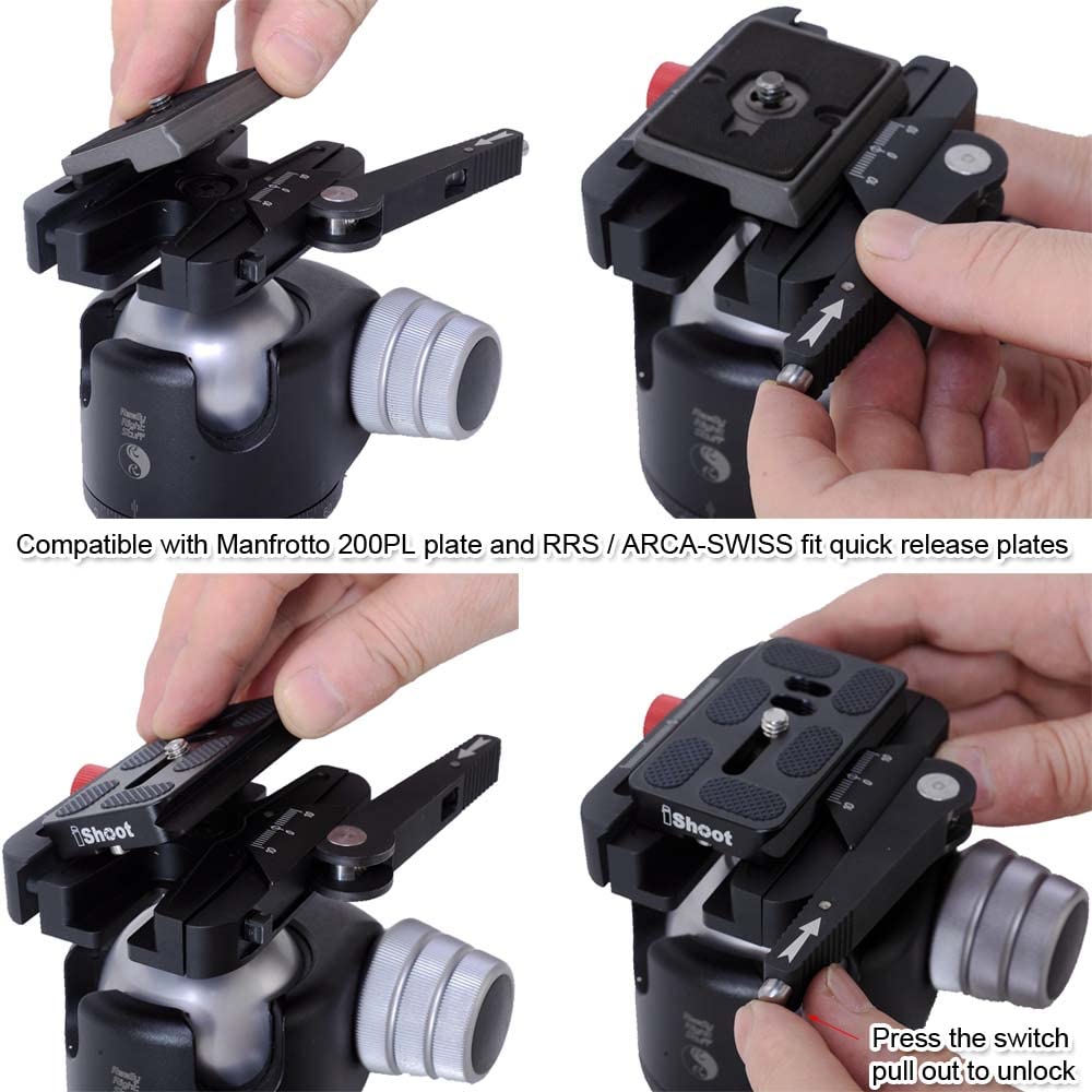 iShoot All-Metal Quick Release Clamp Adapter with Self-Locking Lever & Fine-Tuning Knob - Compatible with Manfrotto 200PL, Arca-Swiss Plates & Tripod Ball Heads - Perfect for DSLR, Mirrorless Cameras & Video Rig Setups