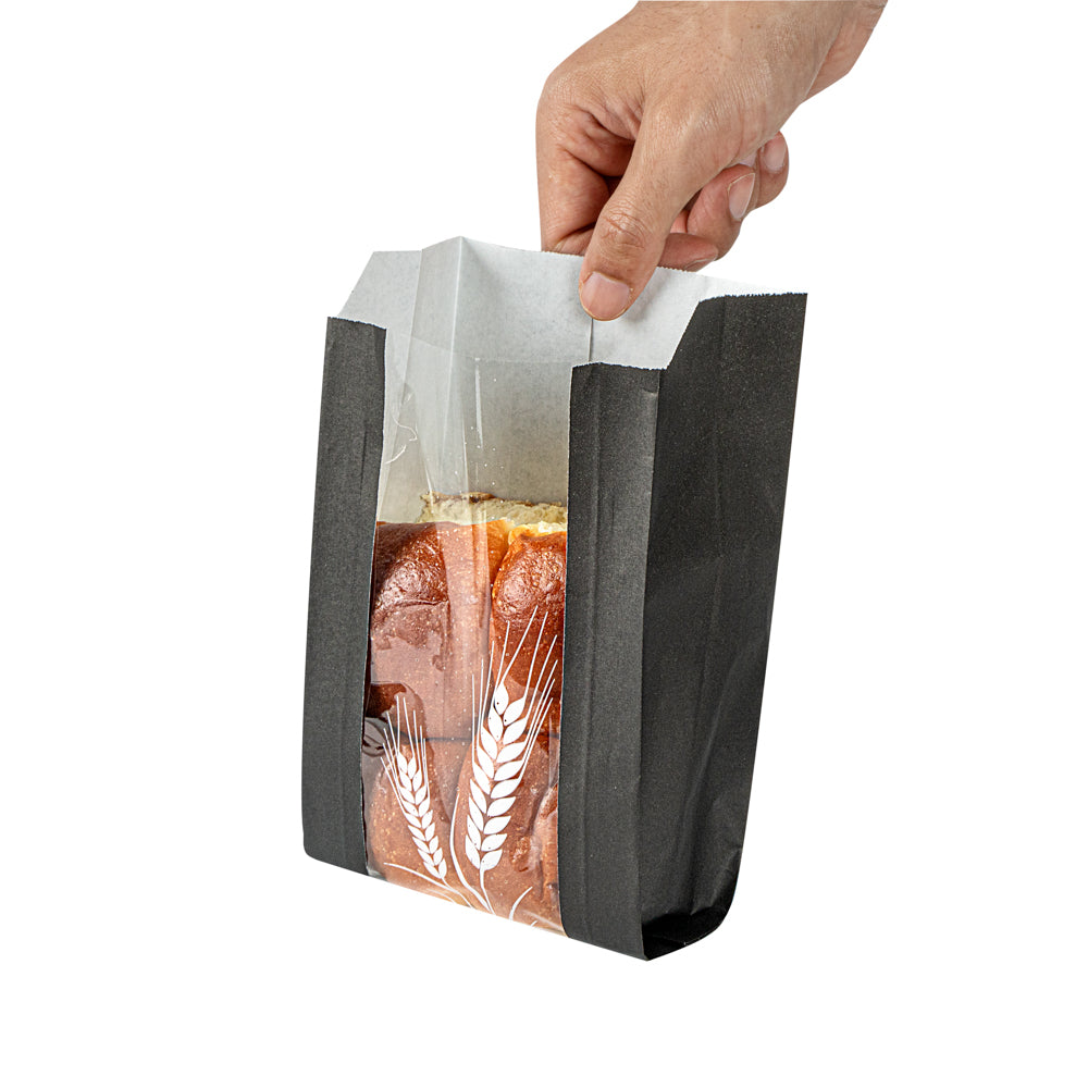 Eco-Friendly Black Paper Bread Bags - Micro Perforated, Greaseproof, Wheat Pattern (4.75