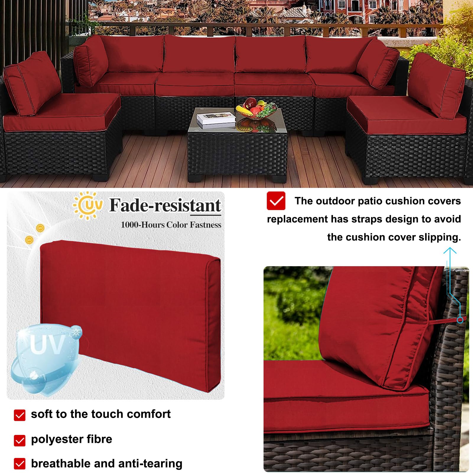 Waterproof Outdoor Patio Cushion Covers with Zipper - Replacement Slipcovers for Wicker Rattan Sectional Sofa & Chair (14