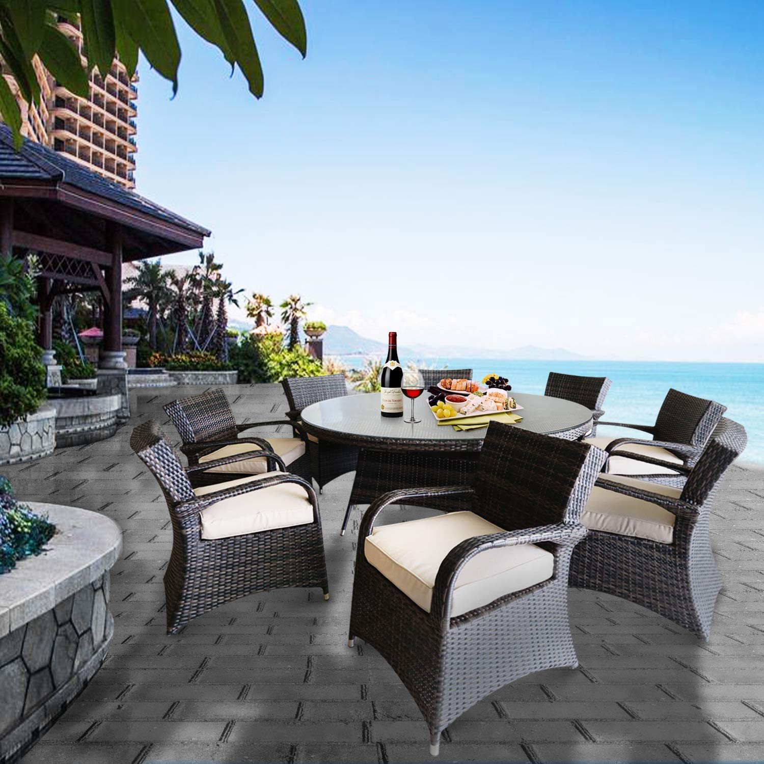 Modern Outdoor Wicker Patio Furniture Set - 8-Piece PE Rattan Dining Set with Round Table & Chairs for Garden, Backyard, Poolside | Weather-Resistant Conversation Bistro Set for Entertaining Guests