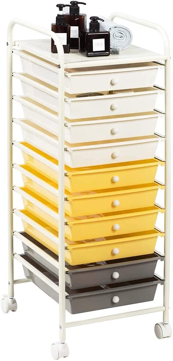 Giantex 10-Drawer Rolling Storage Cart - Plastic Organizer with Wheels for Craft Supplies, Office Tools, Scrapbook Paper & Home Organization (Yellow) | Perfect for Craft Rooms, Offices & Closet Storage