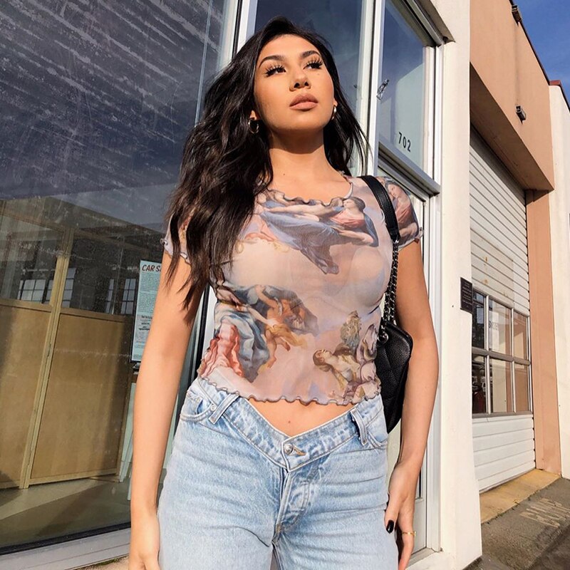 Cute Mesh Transparent Summer Tops for Women - Sexy Short Sleeve T-Shirts | Aesthetic Print Tees for Beach, Party & Casual Outfits