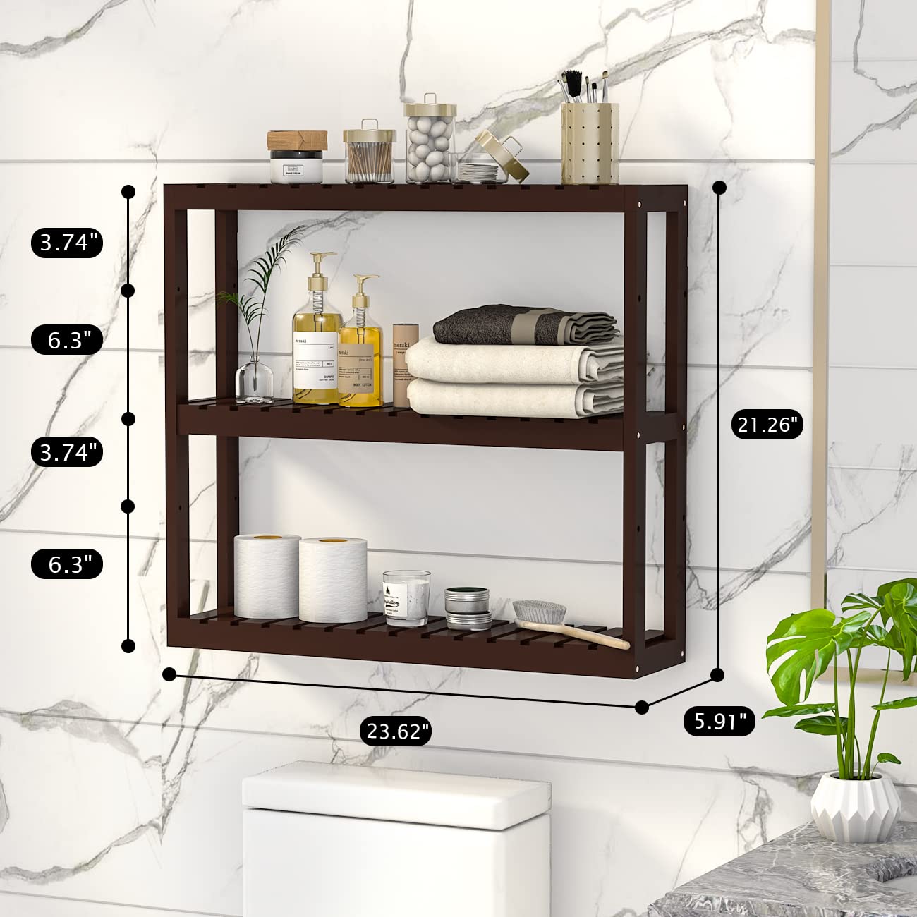 Domax 3-Tier Bamboo Bathroom Shelf - Wall Mounted Storage Rack for Bathroom Organization, Adjustable Over Toilet Shelves for Living Room & Kitchen - Space Saving Home Decor (Brown) | Perfect for Small Bathrooms, Apartments & Dorm Rooms