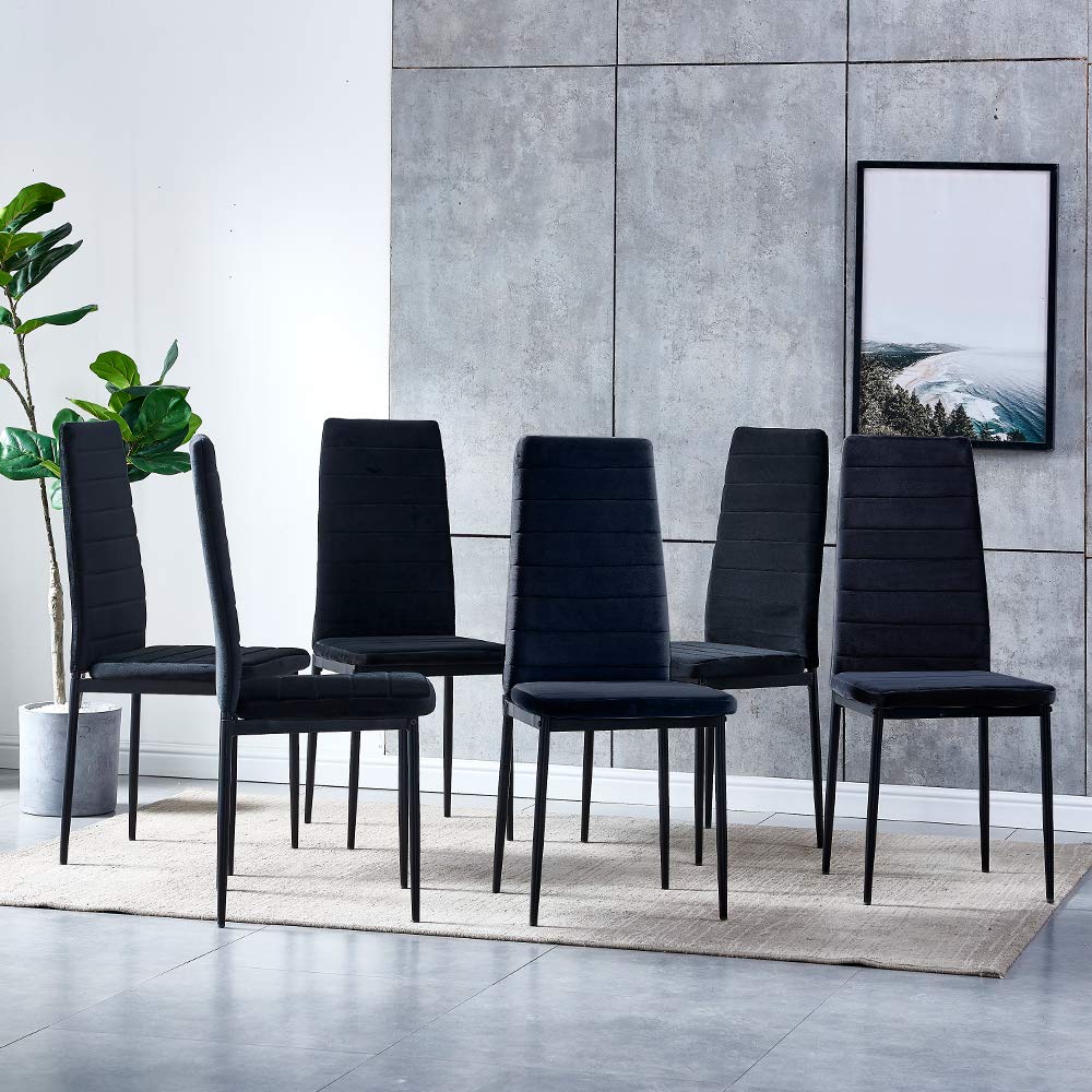 7-Piece Modern Black Dining Set with Tempered Glass Table & 6 Velvet Chairs - Space Saving Kitchen/Dining Room Furniture for Small Apartments & Condos | Perfect for Breakfast Nooks, Compact Dinettes & Cozy Meals