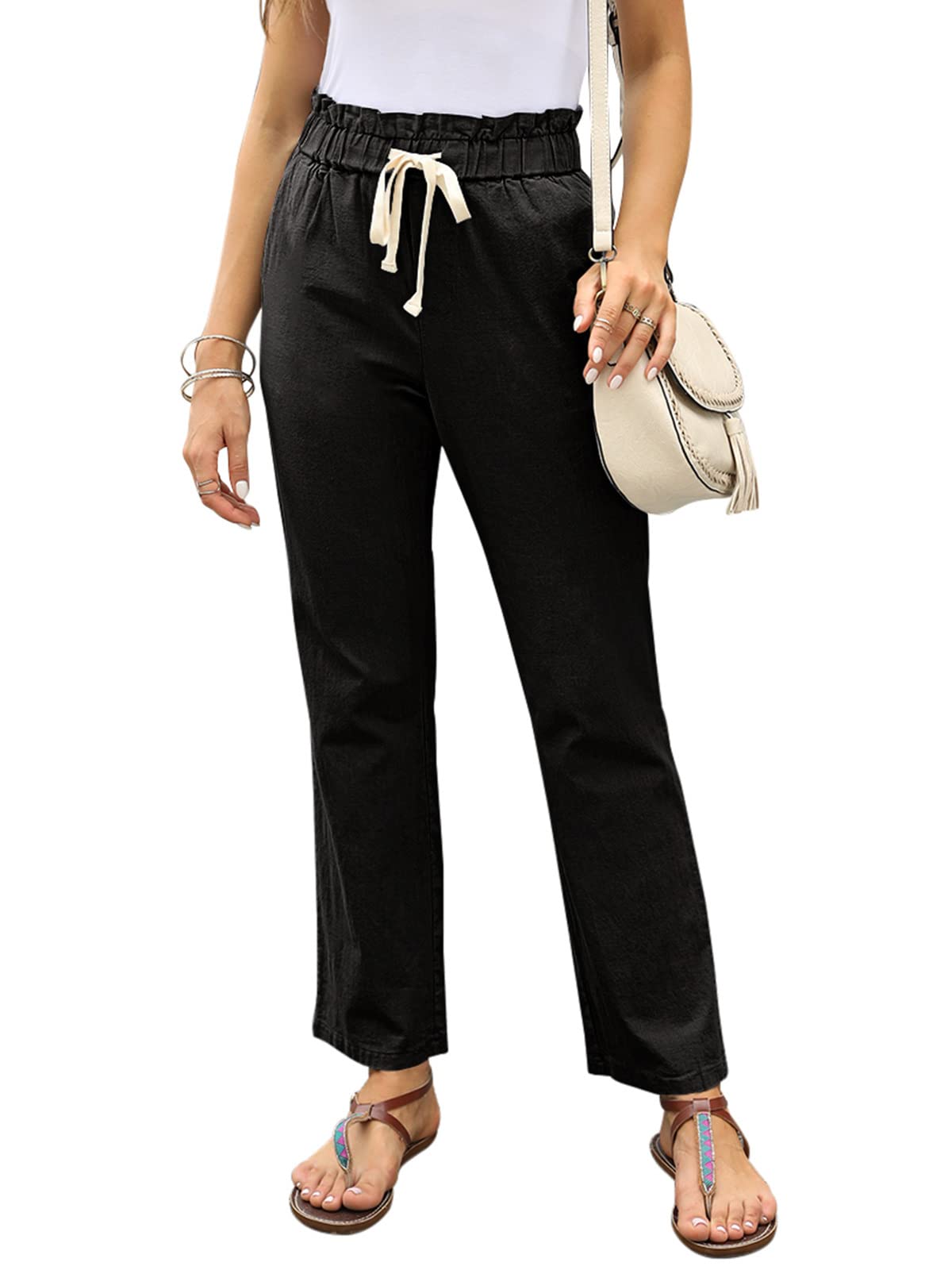 NIMIN Women's High Waisted Casual Pants - Drawstring Loose Paper Bag Beach Trousers with Pockets | Comfortable Summer Vacation Pants for Women | Perfect for Beach, Travel, Shopping & Everyday Wear