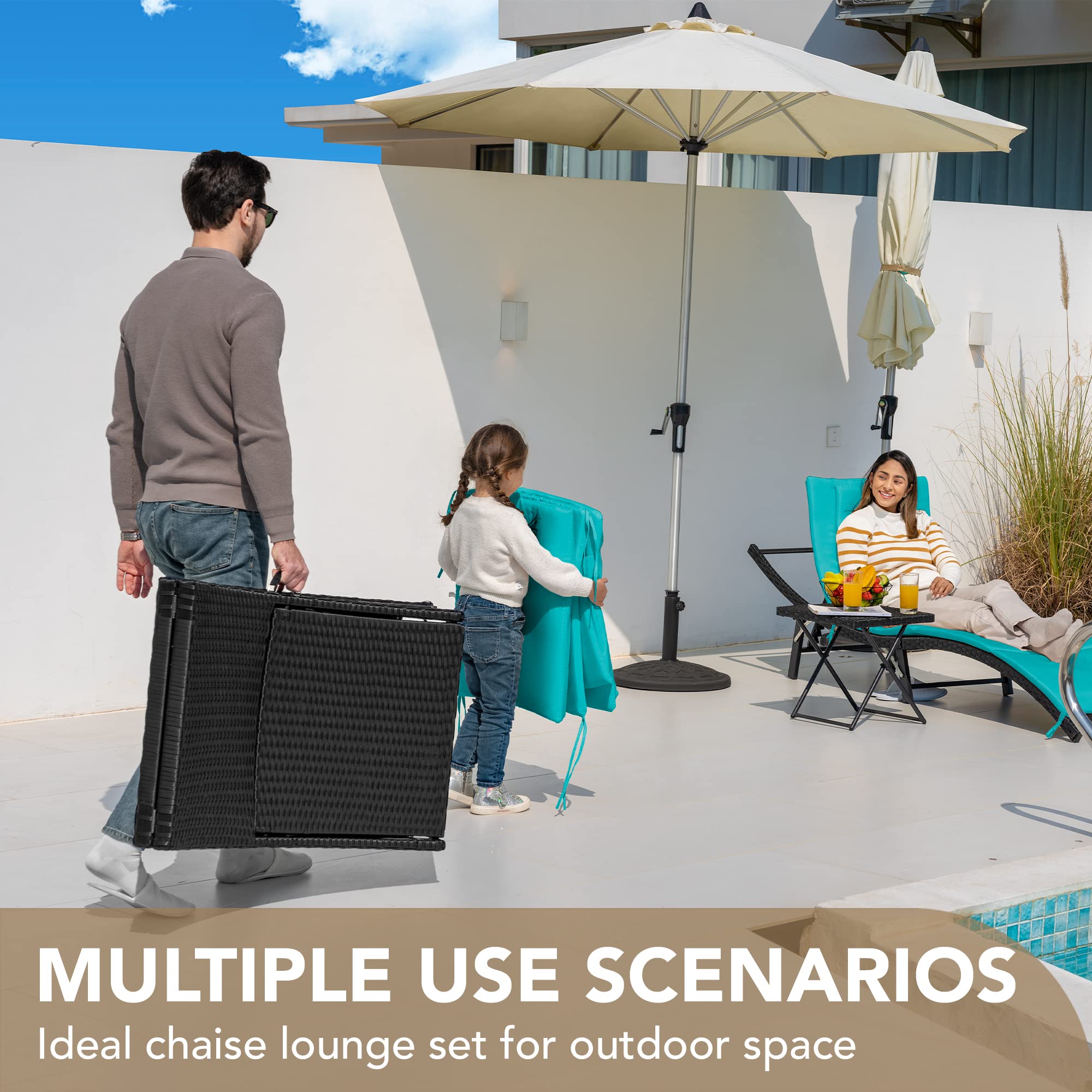 Devoko 3-Piece Outdoor Patio Chaise Lounge Set with Adjustable Back & Cushions - Rattan Folding Chaise Lounge with Side Table (Blue) - Perfect for Poolside, Garden, Backyard Relaxation & Sunbathing