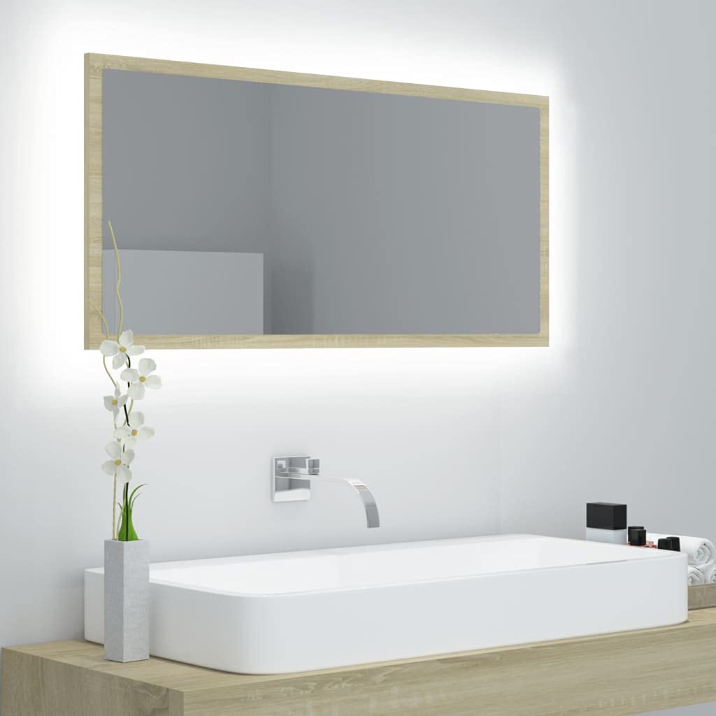 LED Bathroom Mirror with Lights - Acrylic Vanity Mirror for Makeup, Wall Mounted Decorative Mirror, Sonoma Oak Finish, 35.4