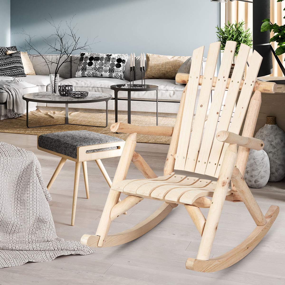 Giantex Solid Wood Adirondack Rocking Chair - Outdoor Patio Rocker with Slatted Seat & Backrest - Natural Wood Porch Swing for Garden, Balcony, Poolside & Backyard - Perfect for Relaxing, Reading & Enjoying Nature