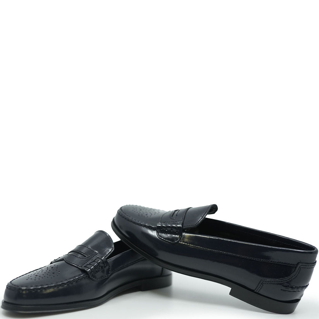 Blublonc Navy Florentic Perforated Penny Loafers for Men - Classic Comfortable Slip-On Dress Shoes for Business, Office & Casual Wear