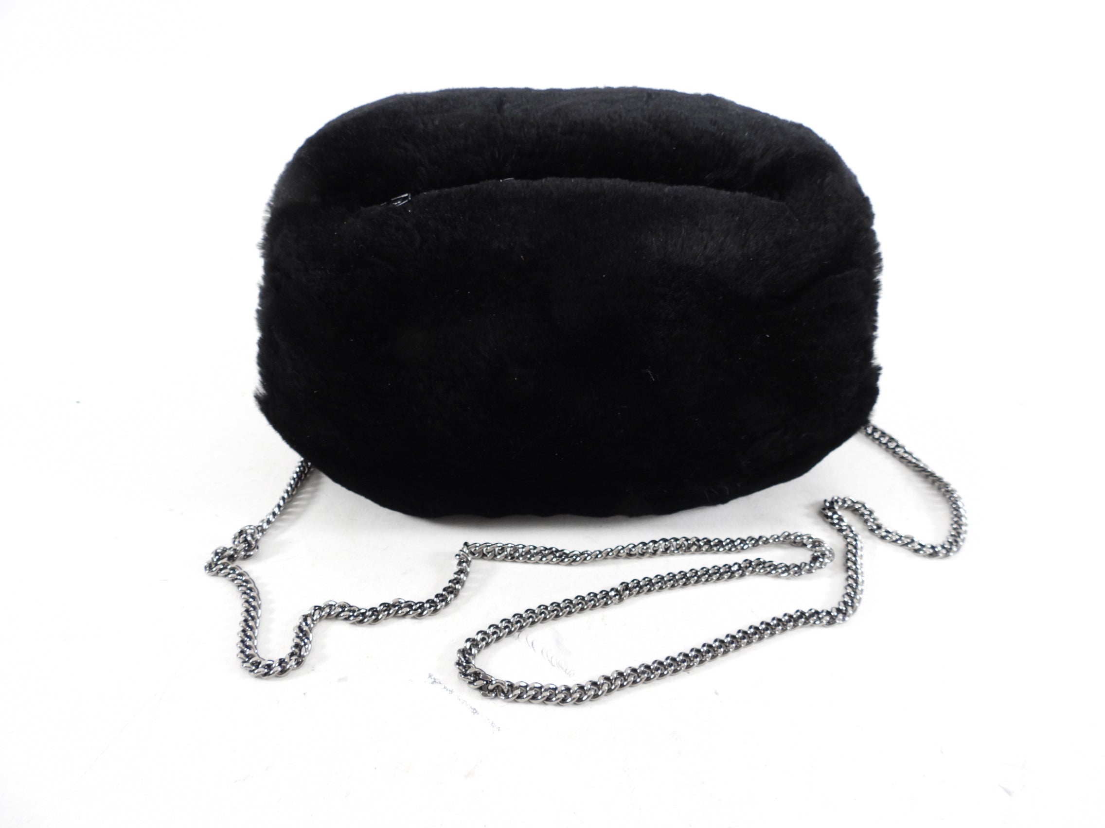 Chanel Black Fur Muff with Crystal CC Chain - Luxury Winter Hand Warmer for Women, Perfect for Cold Weather & Fashion Accessories