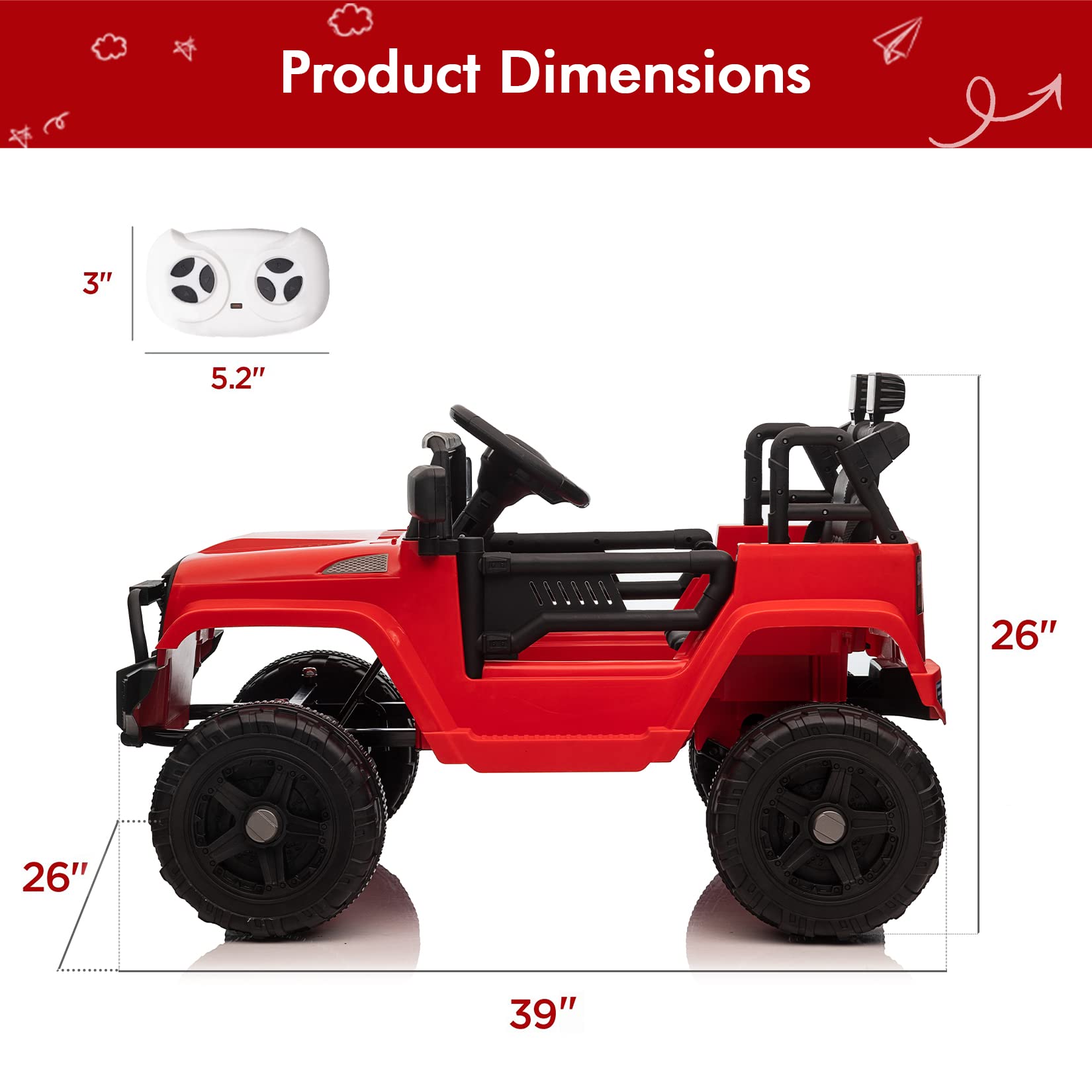 GARVEE 12V Kids Ride On Truck with Remote Control - 3 Speed Adjustable, Built-in MP3 Player, LED Lights & Shock Absorption - Electric Toy Car for Boys Girls Ages 3+ (Red) - Perfect for Indoor Play, Outdoor Adventures & Birthday Gifts