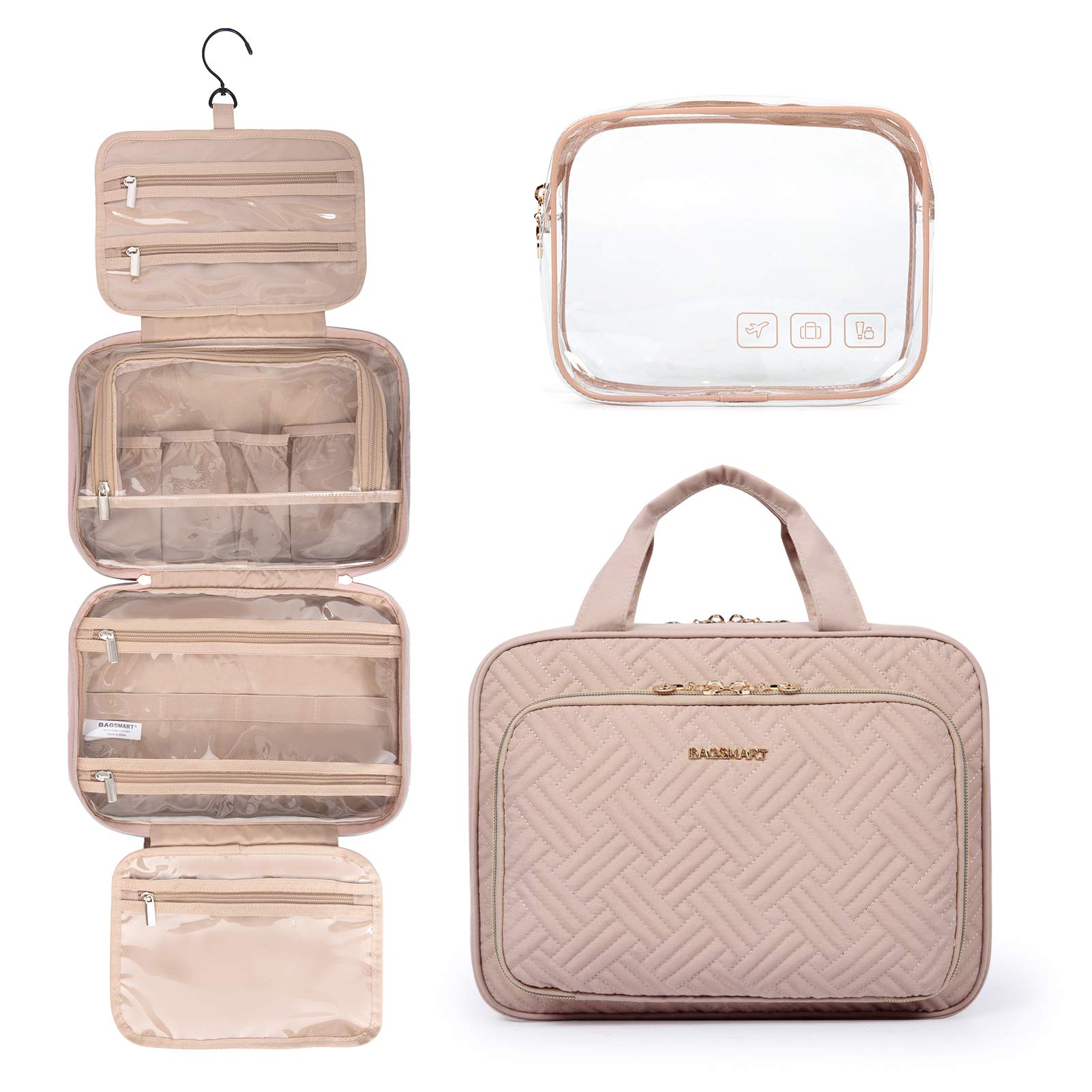BAGSMART Hanging Toiletry Bag for Travel - TSA Approved Transparent Cosmetic Organizer with Multiple Pockets, Large Pink Makeup Bag for Full-Sized Toiletries | Perfect for Air Travel, Vacation & Daily Use