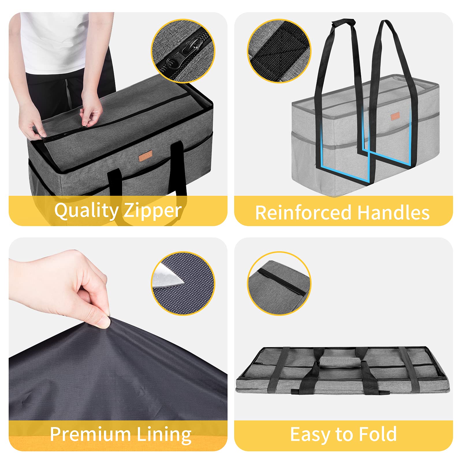 LHZK Extra Large Stand Up Utility Tote Bag with Lid - Reinforced Metal Wire Frame & Sides - Perfect for Grocery Shopping, Beach Trips, and Storage Organization