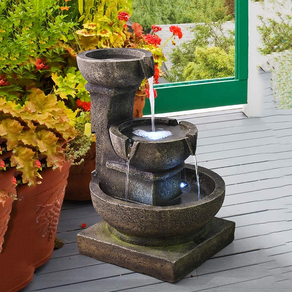Outdoor Waterfall Fountain with LED Lights - Relaxing Garden & Patio Water Feature, Bronze Finish | Perfect for Backyard, Zen Garden, and Outdoor Decor