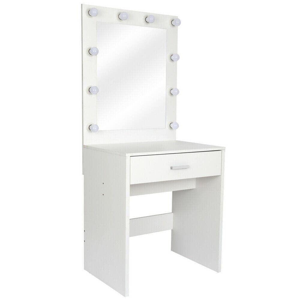Popel Large LED Vanity Mirror with Single Drawer & Light - Cannon White Makeup Desk for Bedroom & Bathroom | Perfect for Makeup, Skincare & Dressing Table Organization