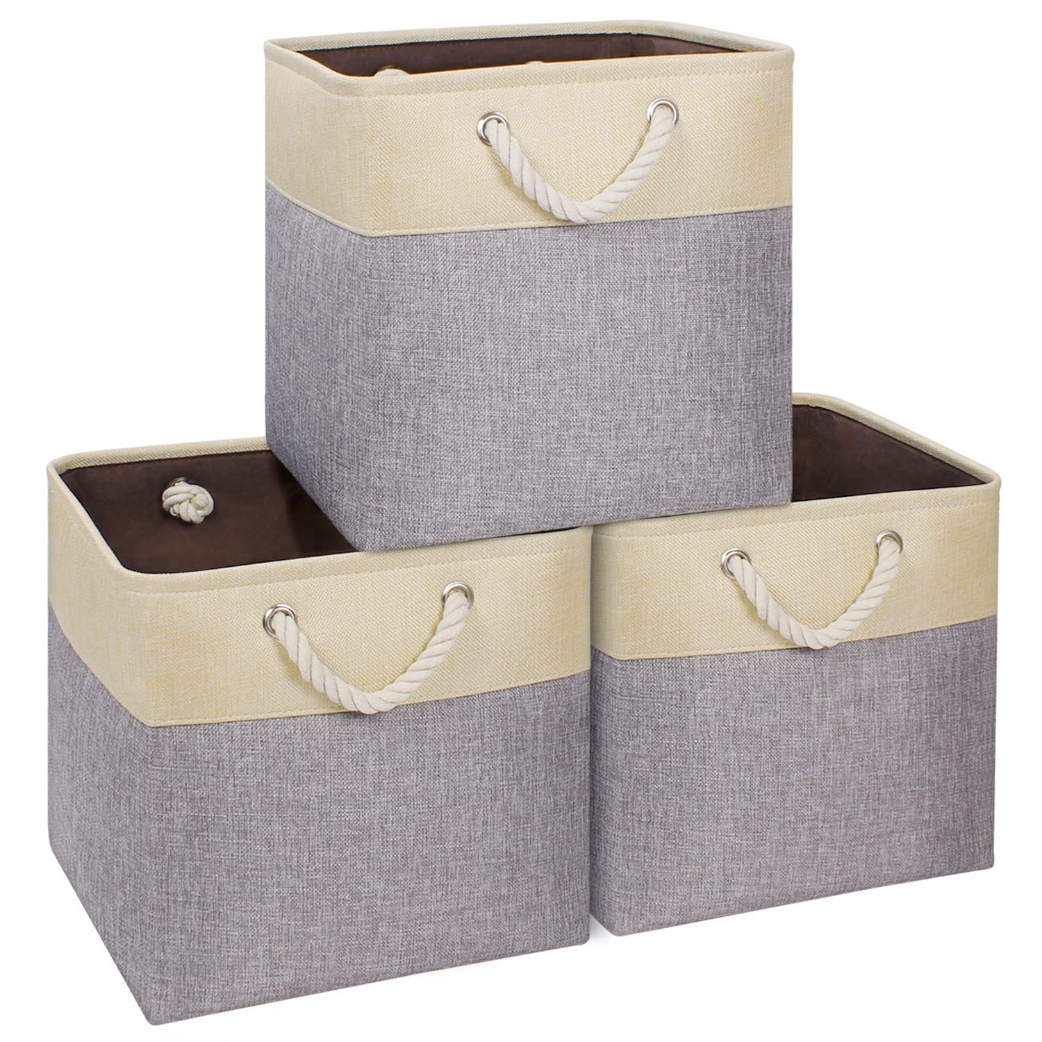 Syeeiex 13x13 Foldable Storage Cubes Bin - Set of 3 Beige & Grey Fabric Organizer for Clothes, Toys, Home & Nursery Organization - Perfect for Closet, Shelves and Underbed Storage
