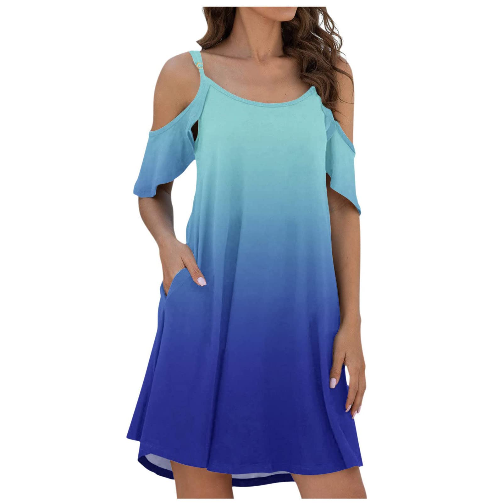 Women's Plus Size Cold Shoulder Midi Dress - Gradient Print Casual Summer Beach Dress for Vacation, Party & Date Night | Flowy Short Sleeve Mini Dress for Women