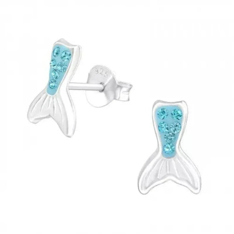 Genuine European Crystal Mermaid Tail Stud Earrings for Kids - Hypoallergenic Silver Jewelry for Girls, Birthday Gifts & Special Occasions