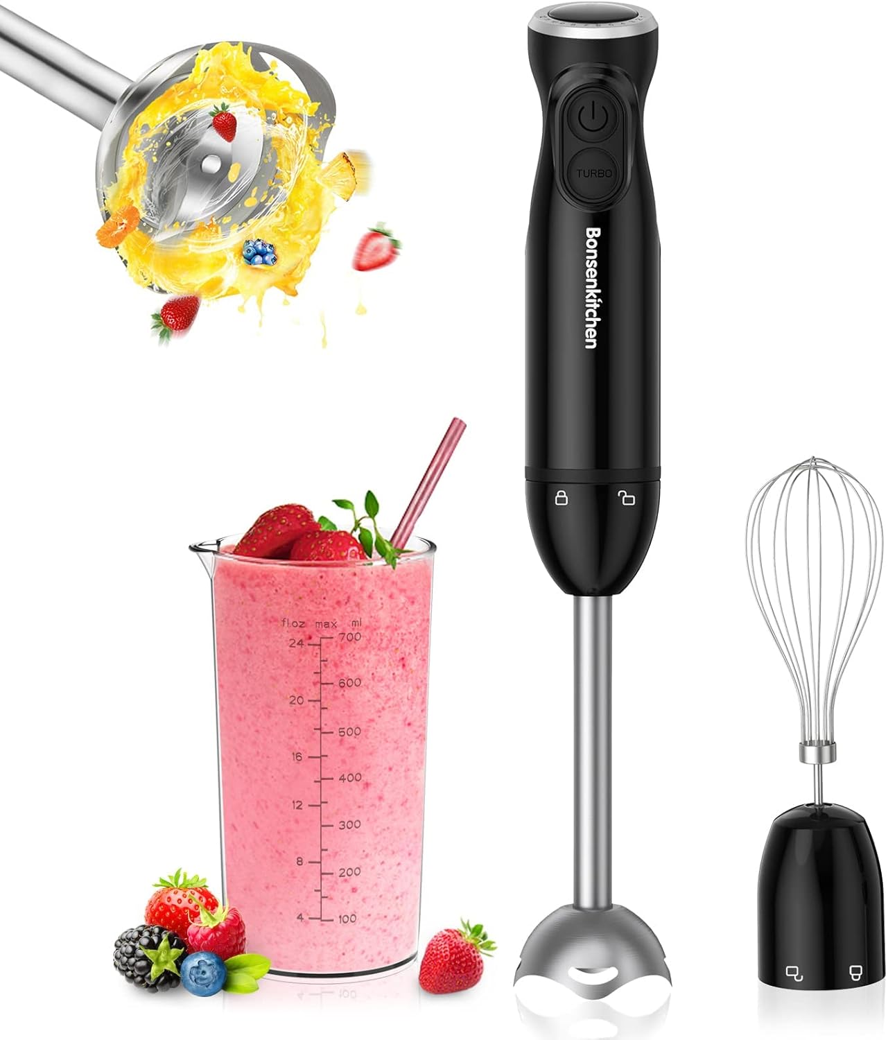 Bonsenkitchen 12-Speed Immersion Hand Blender with Turbo Function - 3-in-1 Electric Stick Blender with Stainless Steel Blades, Egg Whisk & 24oz Mixing Beaker - Perfect for Smoothies, Soups, Sauces, Baby Food & Baking - Professional Kitchen Tool for Home Cooks
