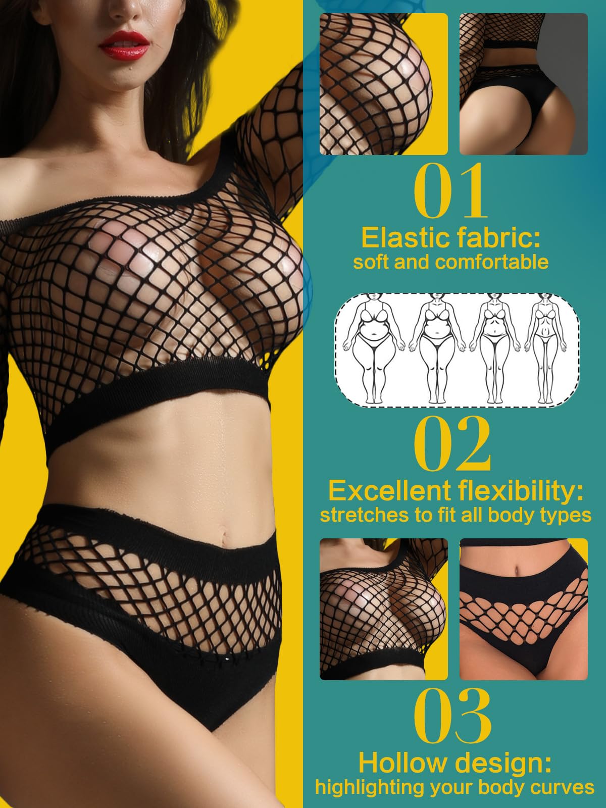 Sexy Women's Mesh Lingerie Fishnet Babydoll Mini Dress Bodysuit - Long Sleeve See-Through Lace Cover Up for Valentine's Day, Boudoir Photography & Romantic Nights