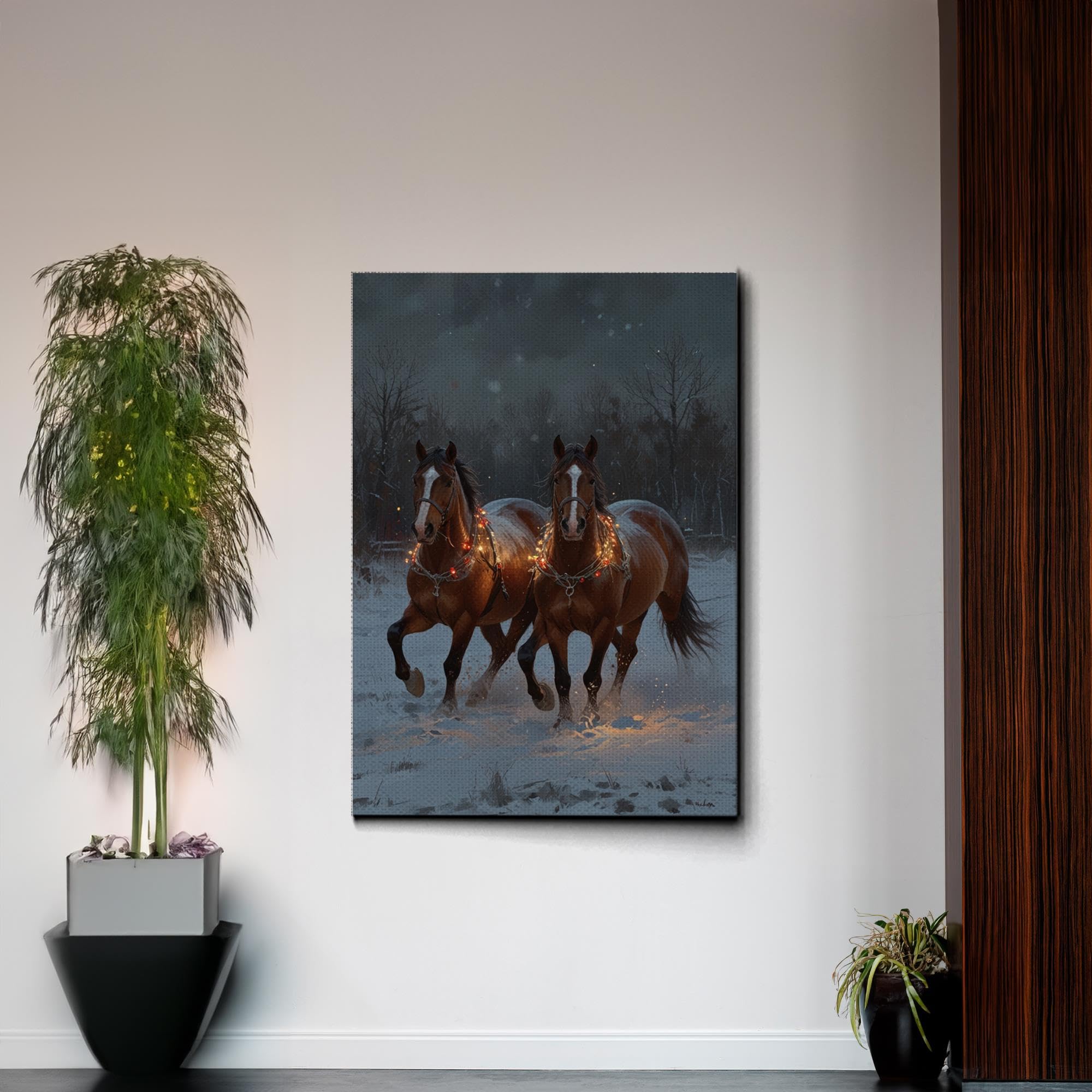 Winter Horse Sleigh Canvas Print - Snowy Christmas Wall Art Decor for Living Room, Bedroom & Office - Animal & Landscape Wall Art Print