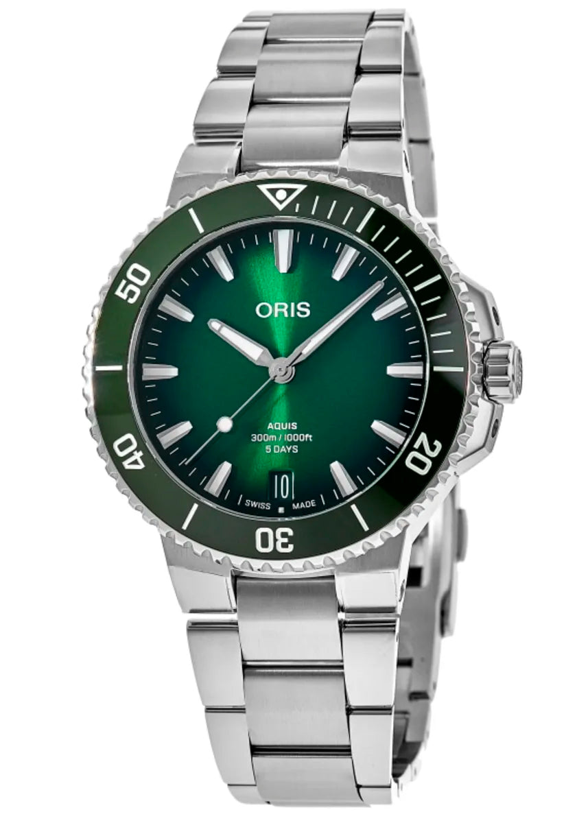Oris Aquis Date Caliber 400 43.5mm Green Dial Men's Luxury Watch 01 400 7790 4157-07 8 23 02PEB - Swiss Automatic Diver's Timepiece for Professional Diving & Everyday Wear