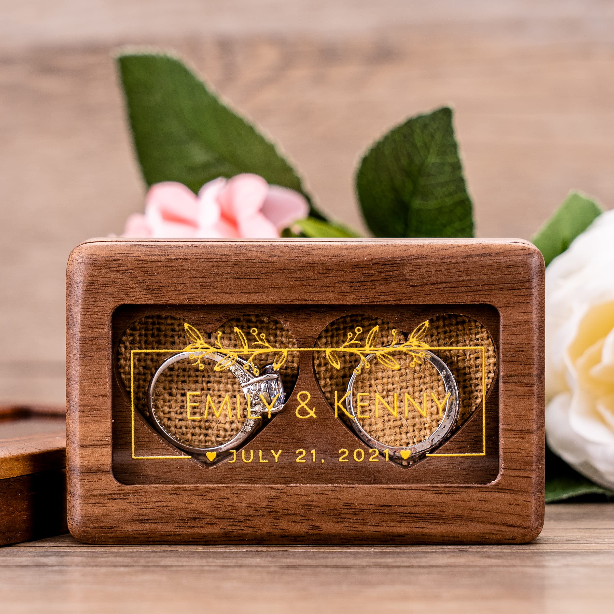 KWOOD Custom Engraved Double Ring Box - Personalized Wooden Ring Holder for Women, Slim Wedding & Engagement Ring Storage - Perfect for Proposals, Anniversaries, and Bridal Jewelry Gifts