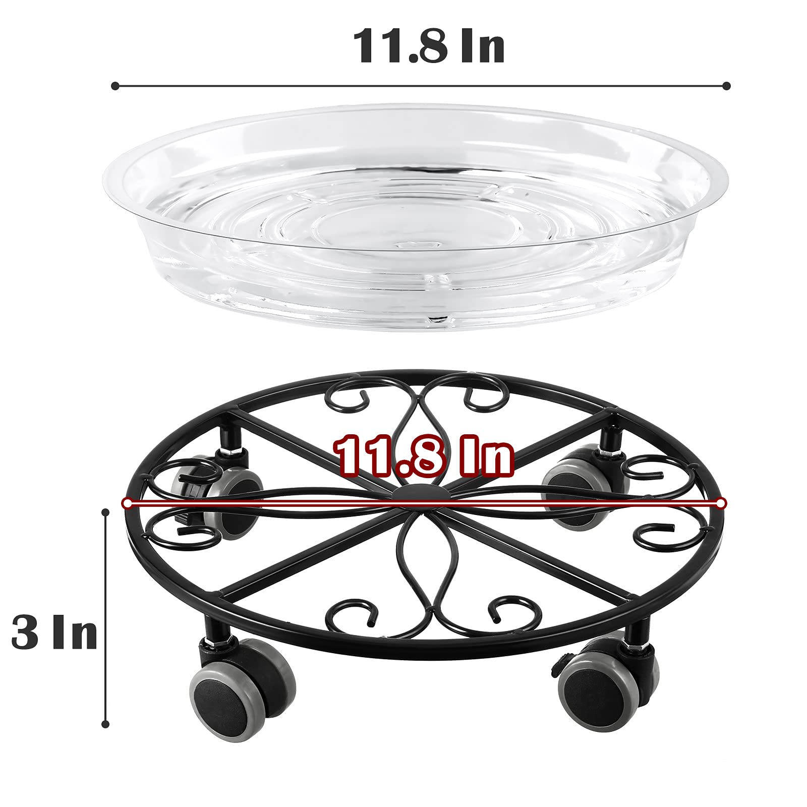 **3-Pack Heavy Duty 11.8-Inch Metal Plant Caddy with Wheels – Rolling Plant Stand with Casters for Indoor & Outdoor Use – Perfect for Moving Large Potted Plants, Garden Decor, and Home Décor (Black, 3 Pack)**
